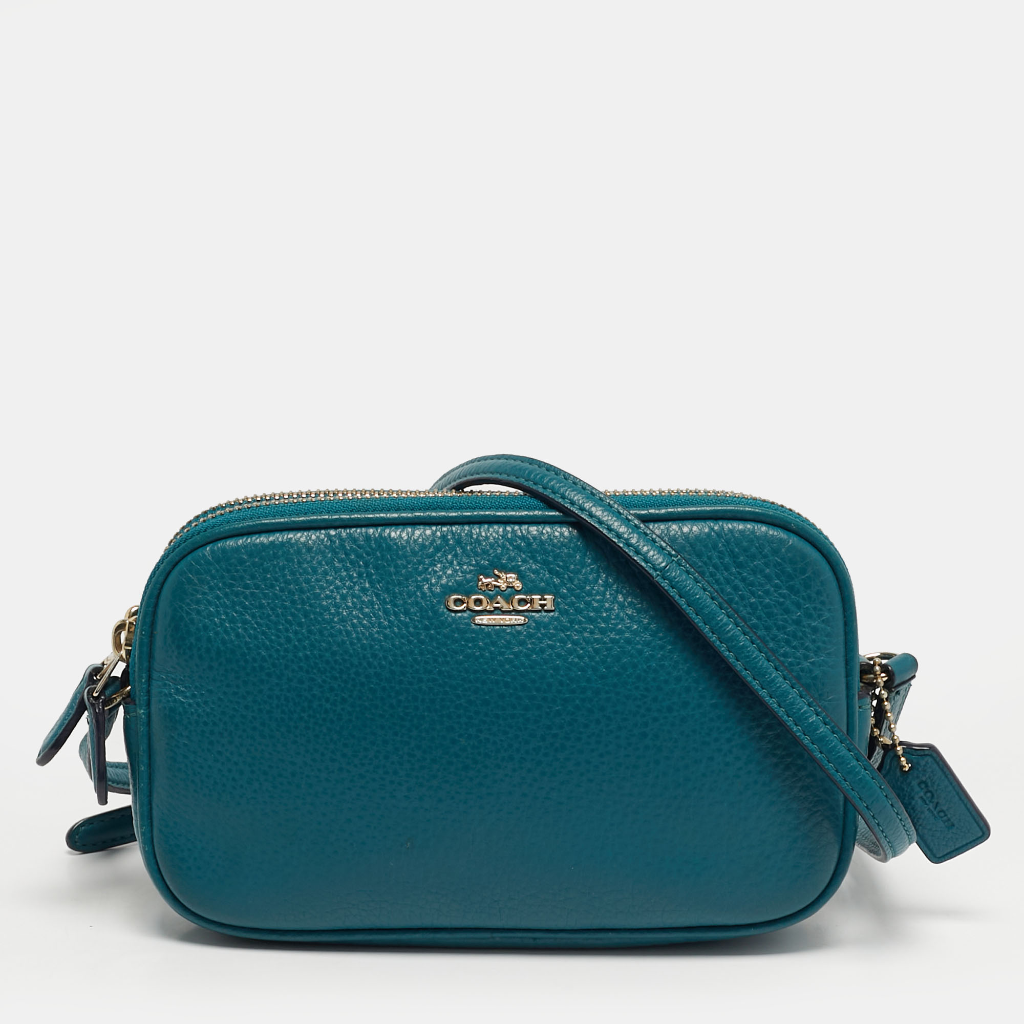 Coach Double Zip Teal Green Leather Camera Crossbody Bag