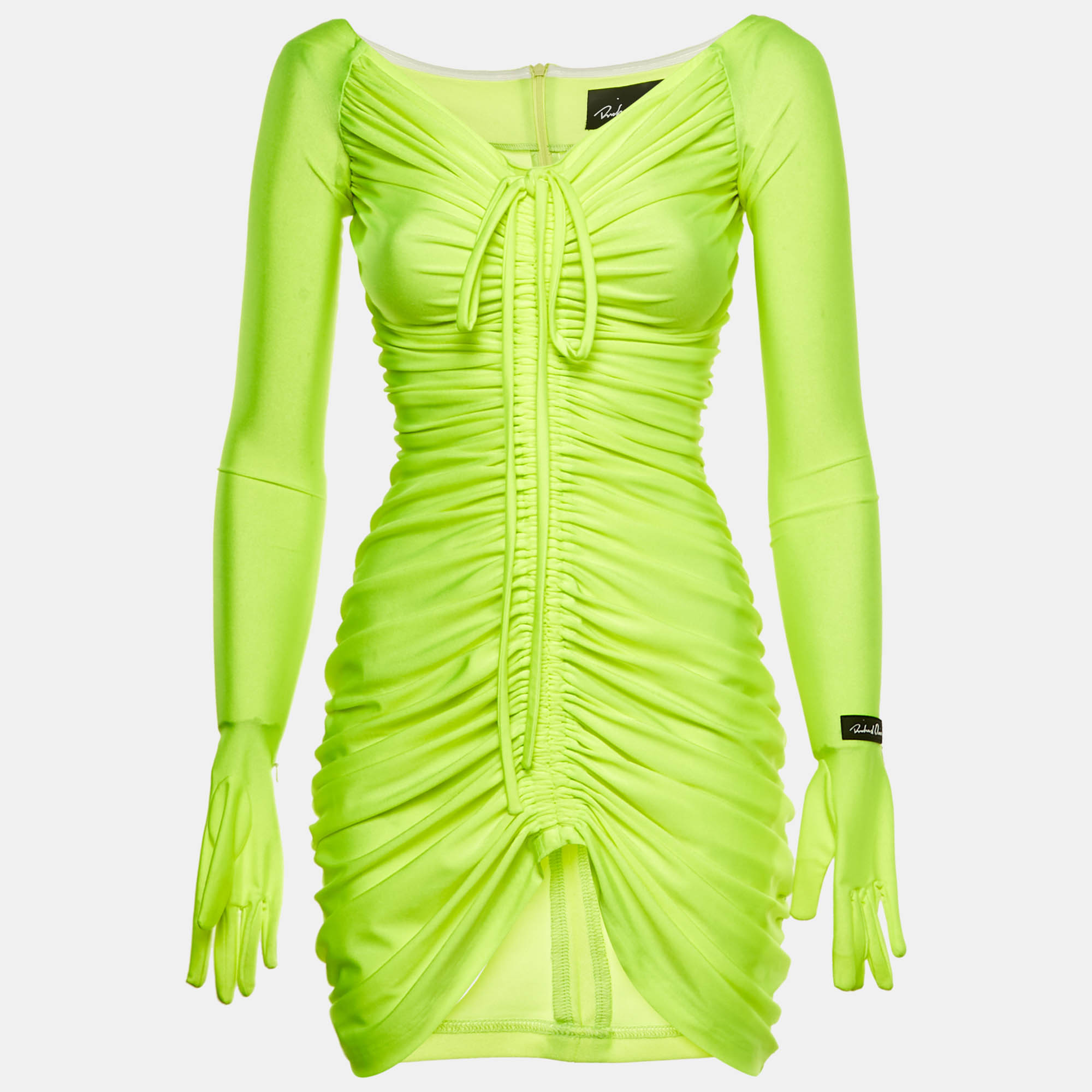 Richard Quinn Neon Green Jersey Glove Detail Ruched Mini Dress