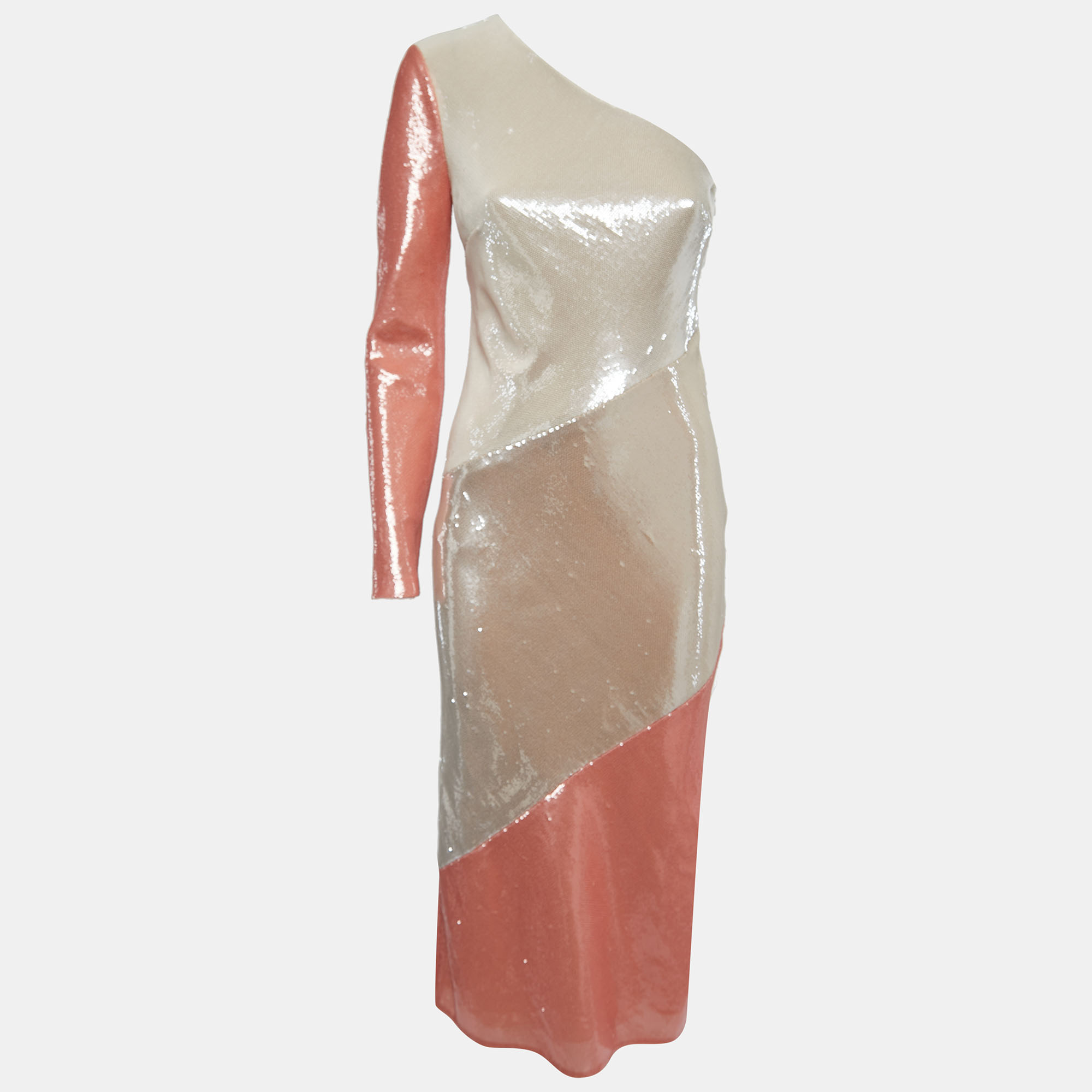 Diane Von Furstenberg Off-WhiteLight Orange Sequined Silk One Shoulder Midi Dress