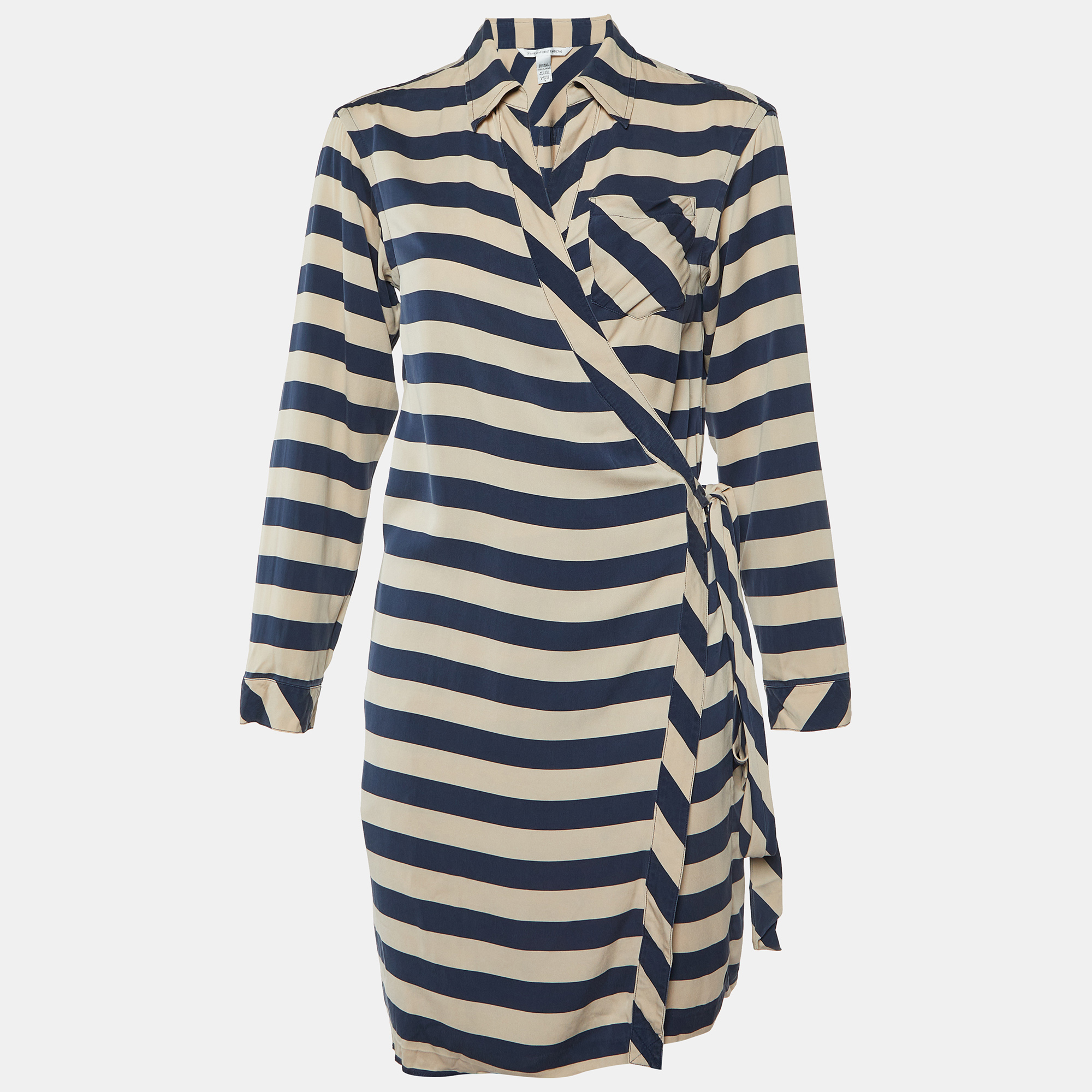 Diane Von Furstenberg Navy Blue Striped Stretch Silk Wrap Dress