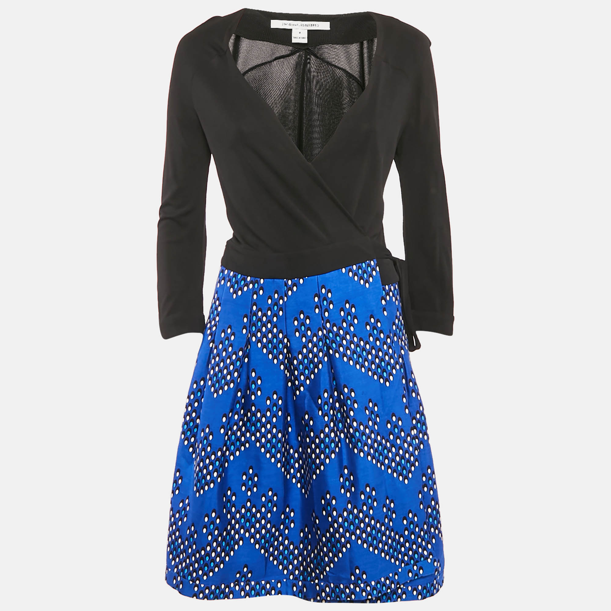 Diane Von Furstenberg BlackBlue Printed Wool Blend and Jersey Wrap Dress