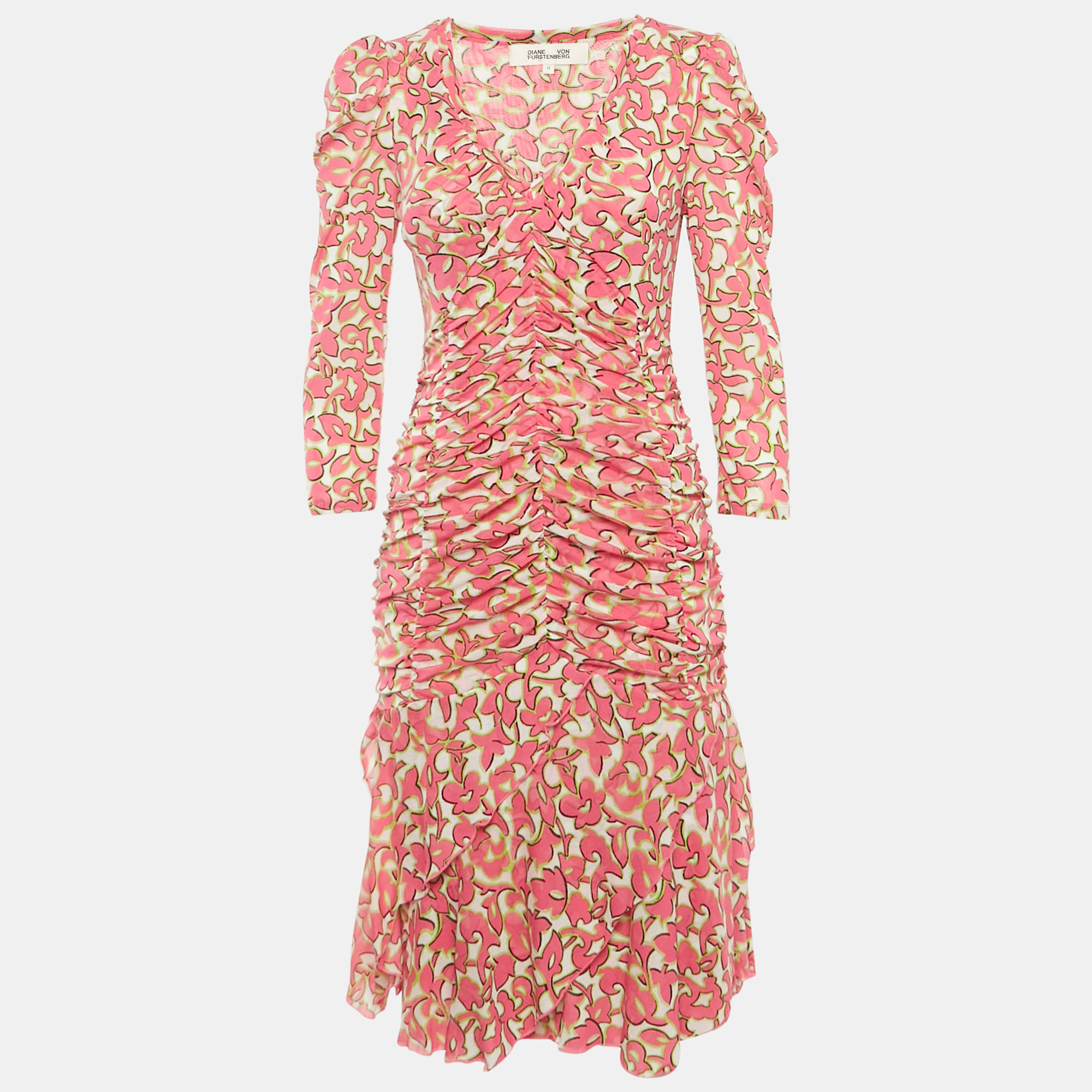 Diane Von Furstenberg Pink Printed Mesh Ruched Dress