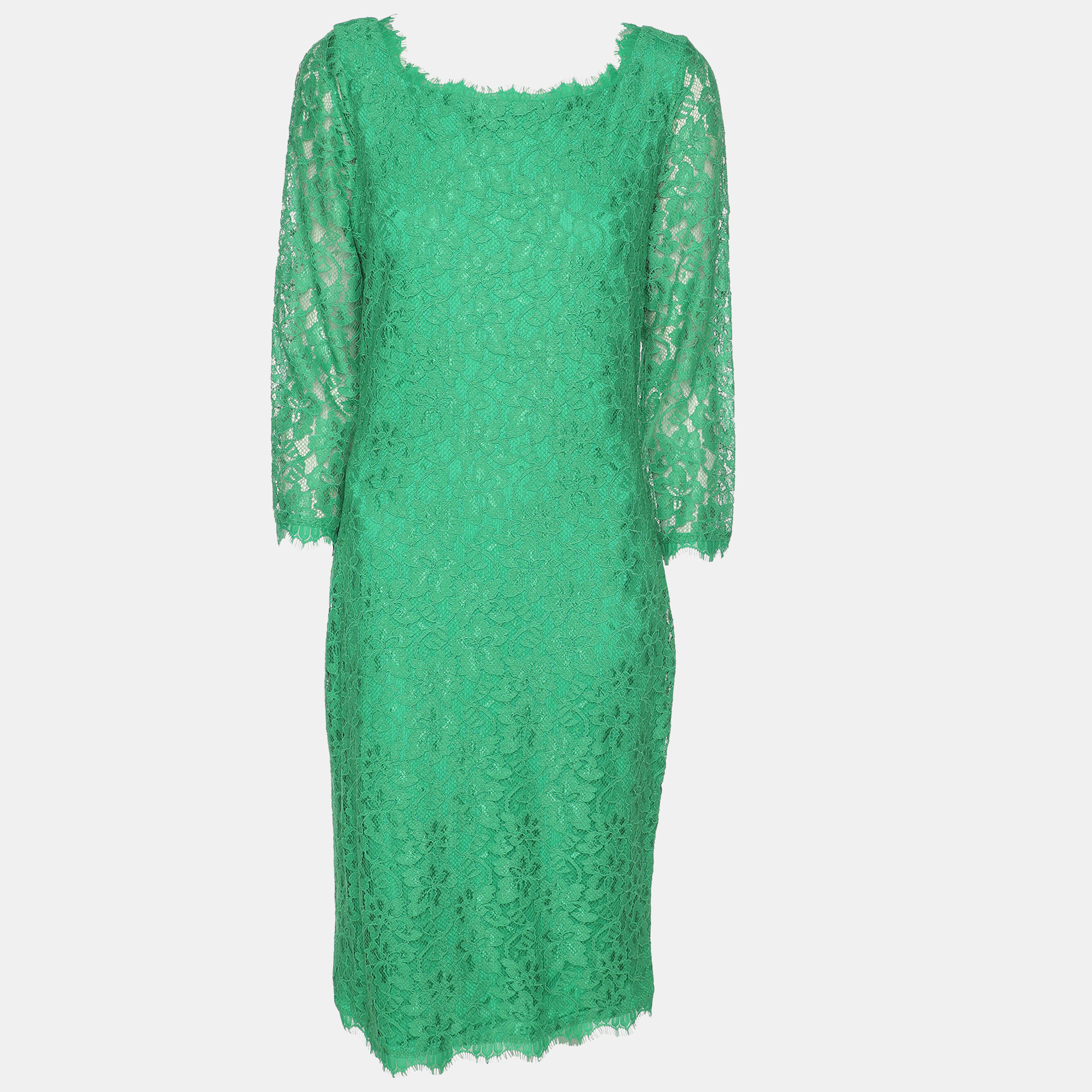 Diane Von Furstenberg Green Lace Full Sleeves Midi Dress