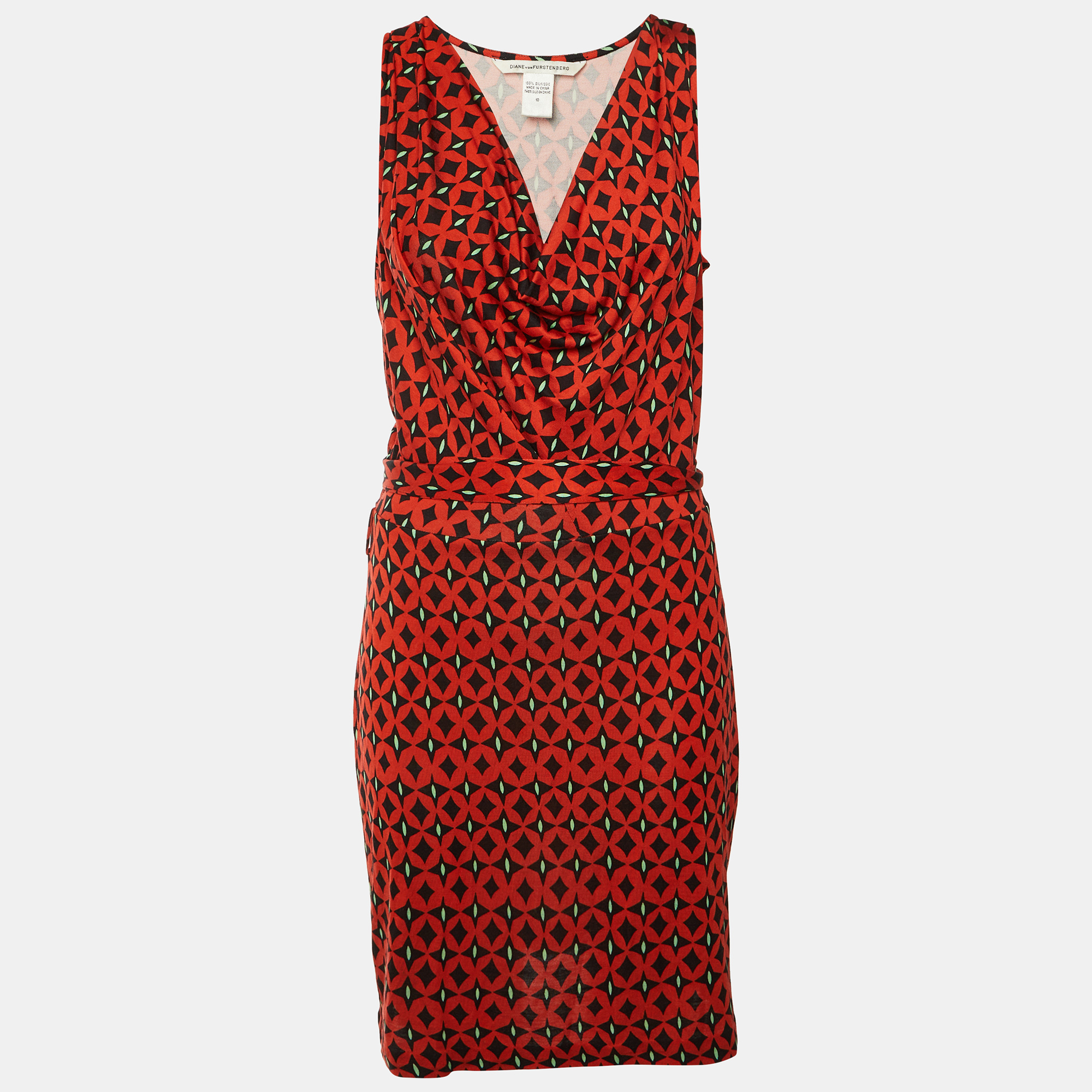 Diane Von Furstenberg Brick Red Printed Silk Keesa Sleeveless Dress