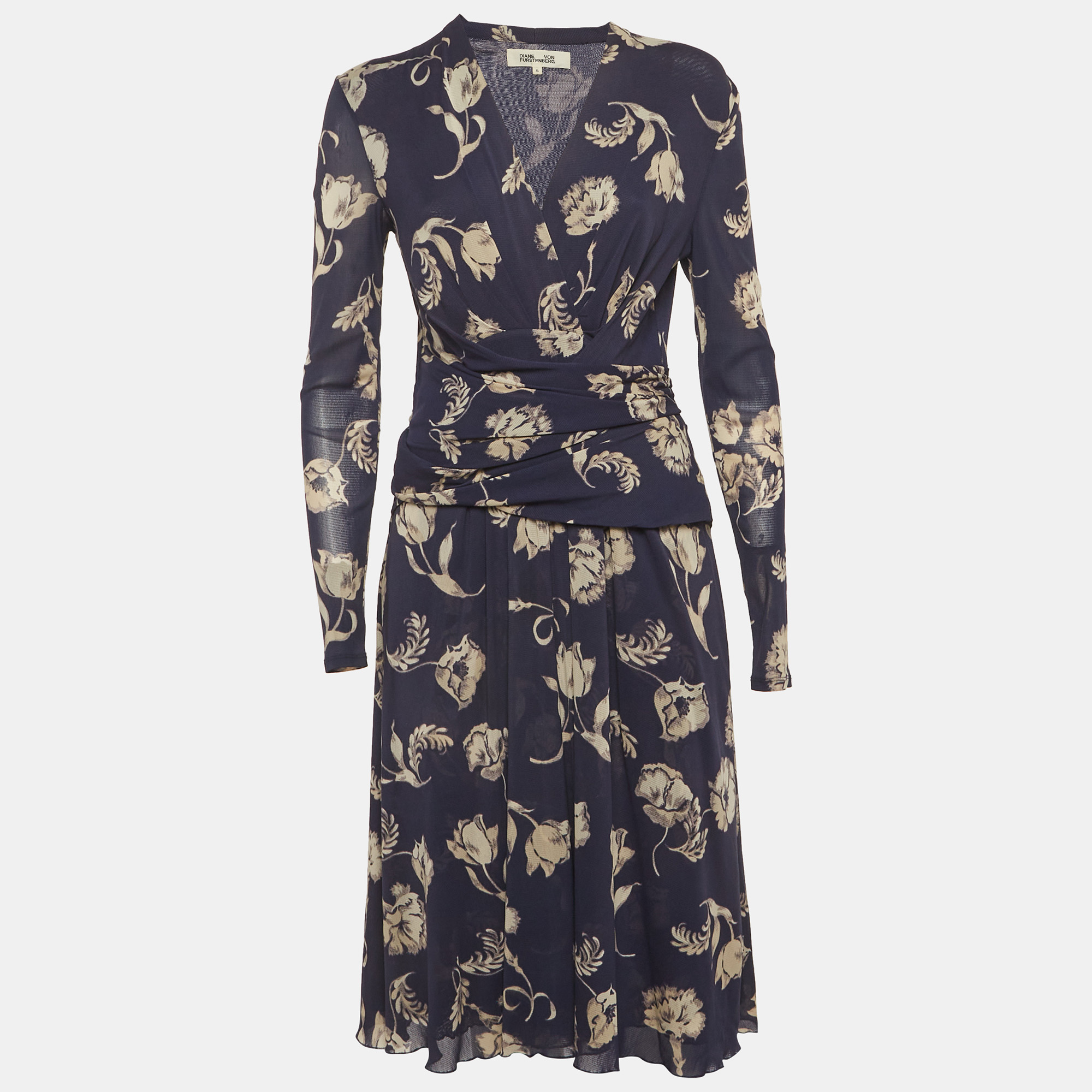 Diane Von Furstenberg Navy Blue Floral Print Jersey Wrap Midi Dress