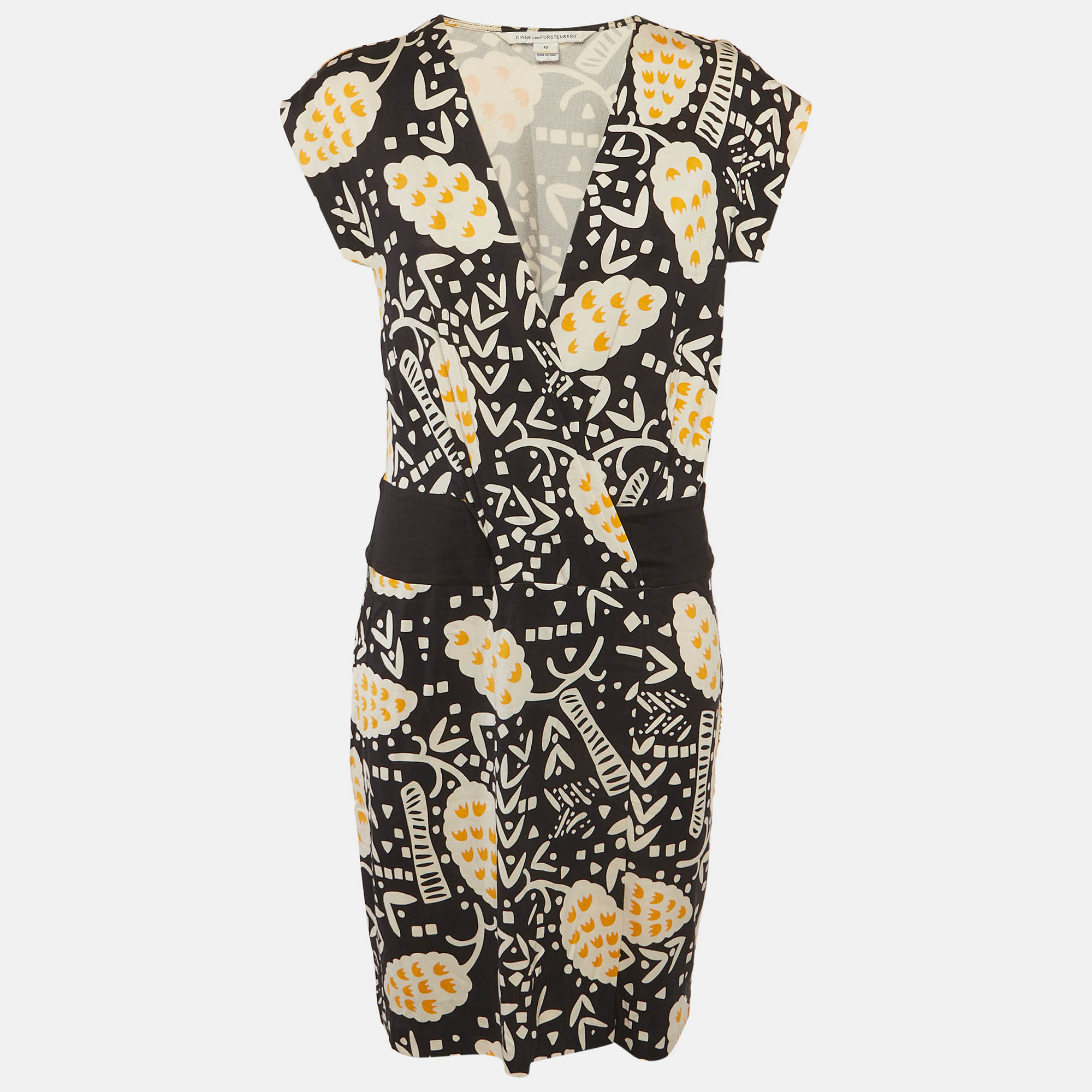 Diane Von Furstenberg Black Abstract Print Jersey Wrap Mini Dress