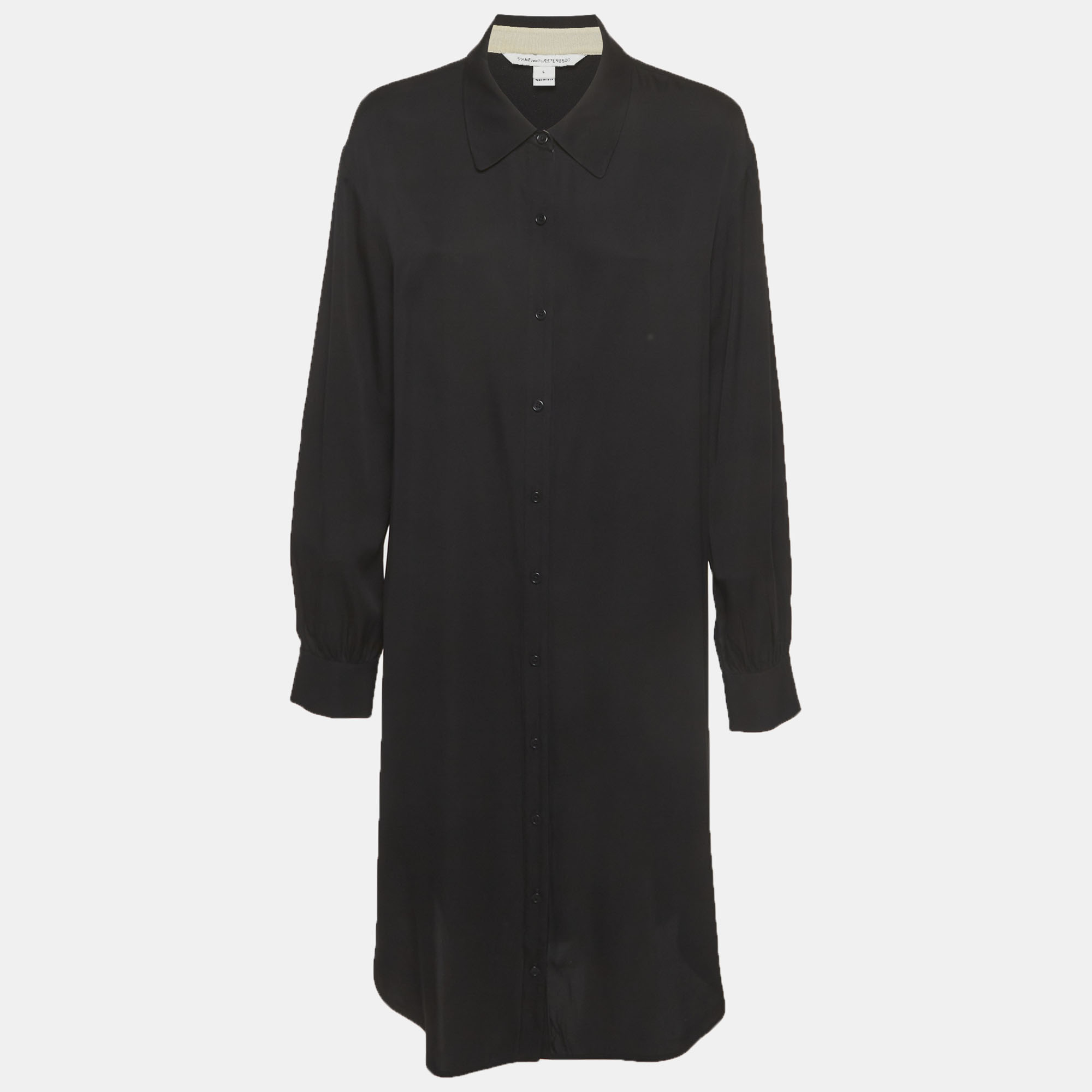 Diane Von Furstenberg Black Silk Blend Long Sleeve Shirt Dress