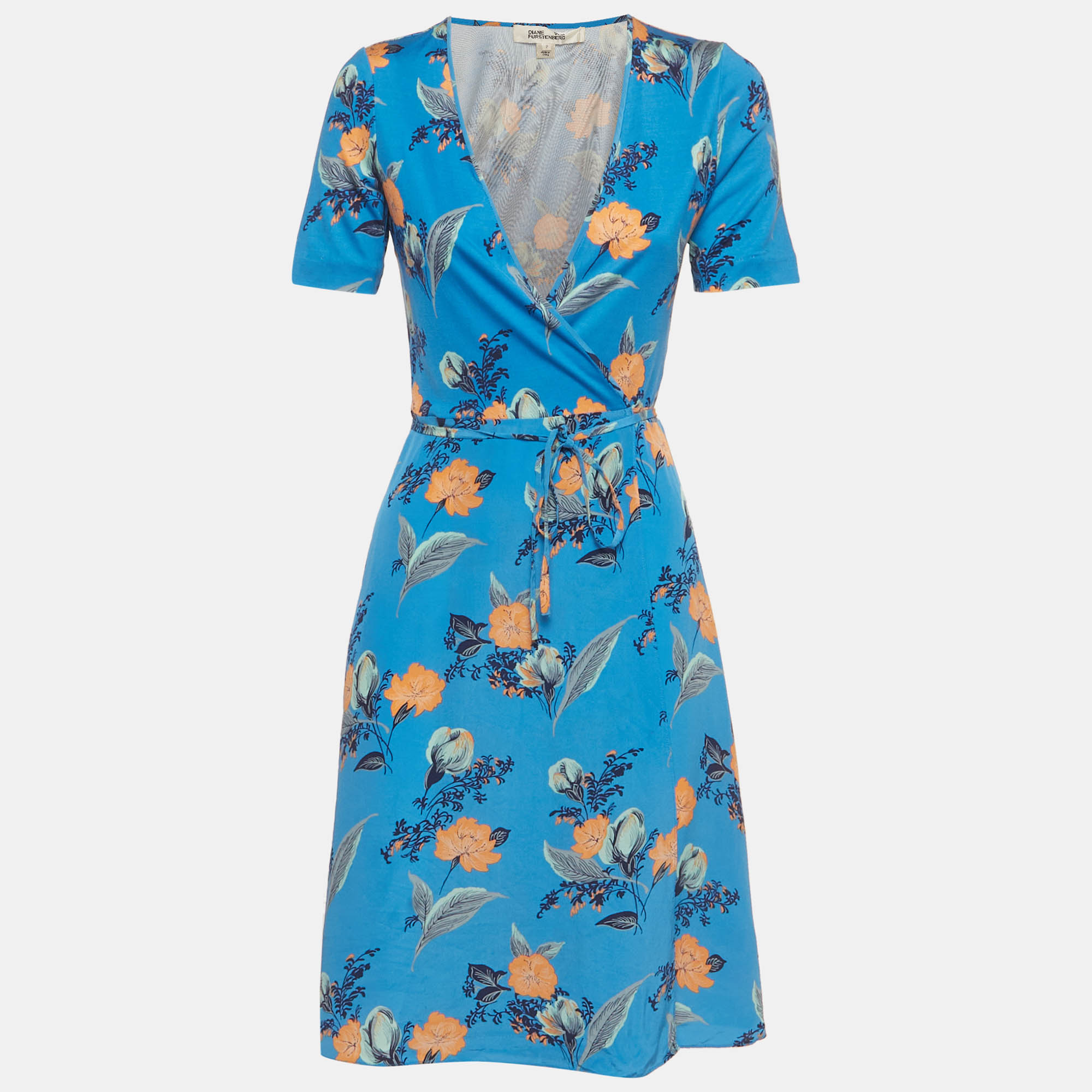 Diane Von Furstenberg Blue Floral Print Silk Wrap Dress