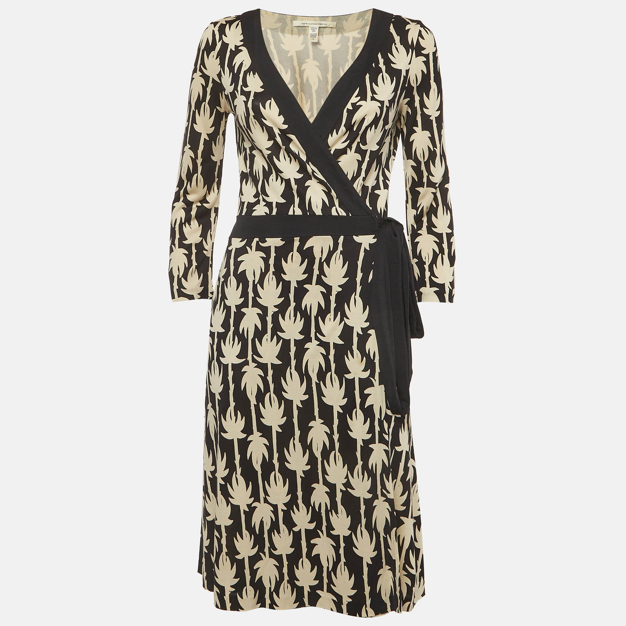 Diane Von Furstenberg BeigeBlack Palm Print Silk Knit Wrap Midi Dress