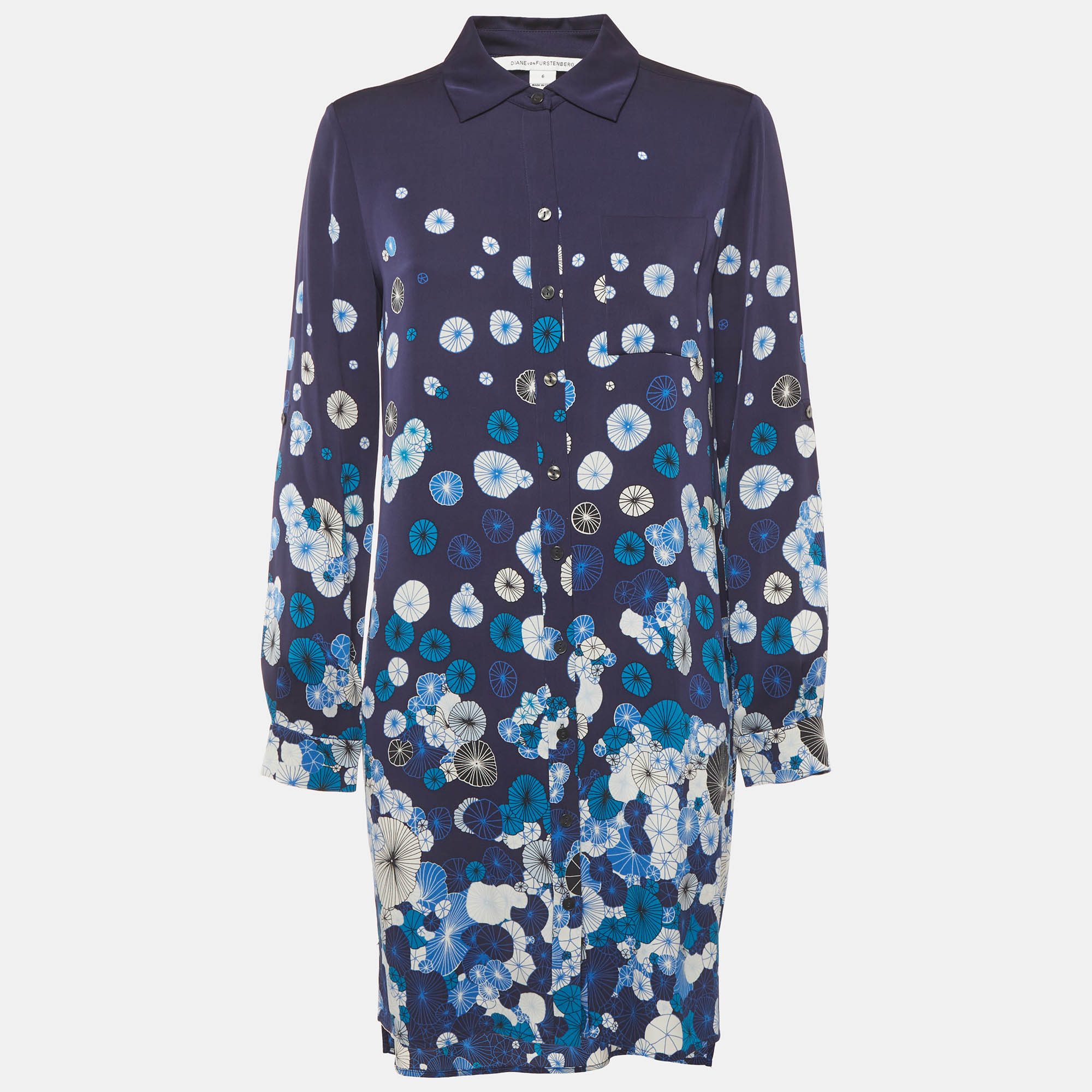 Diane Von Furstenberg Blue Floral Print Silk Mini Shirt Dress