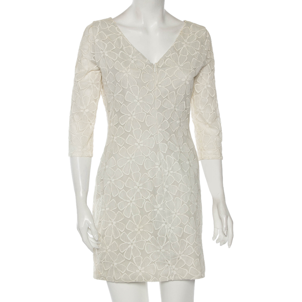 Diane Von Furstenberg Pale Grey & Cream Floral Embroidered Silk Sarita Dress