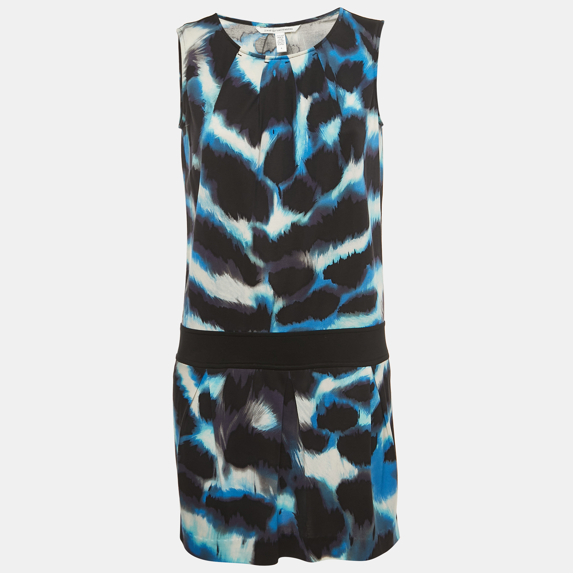 Diane Von Furstenberg Blue Print Silk Knit Sleeveless Mini Dress