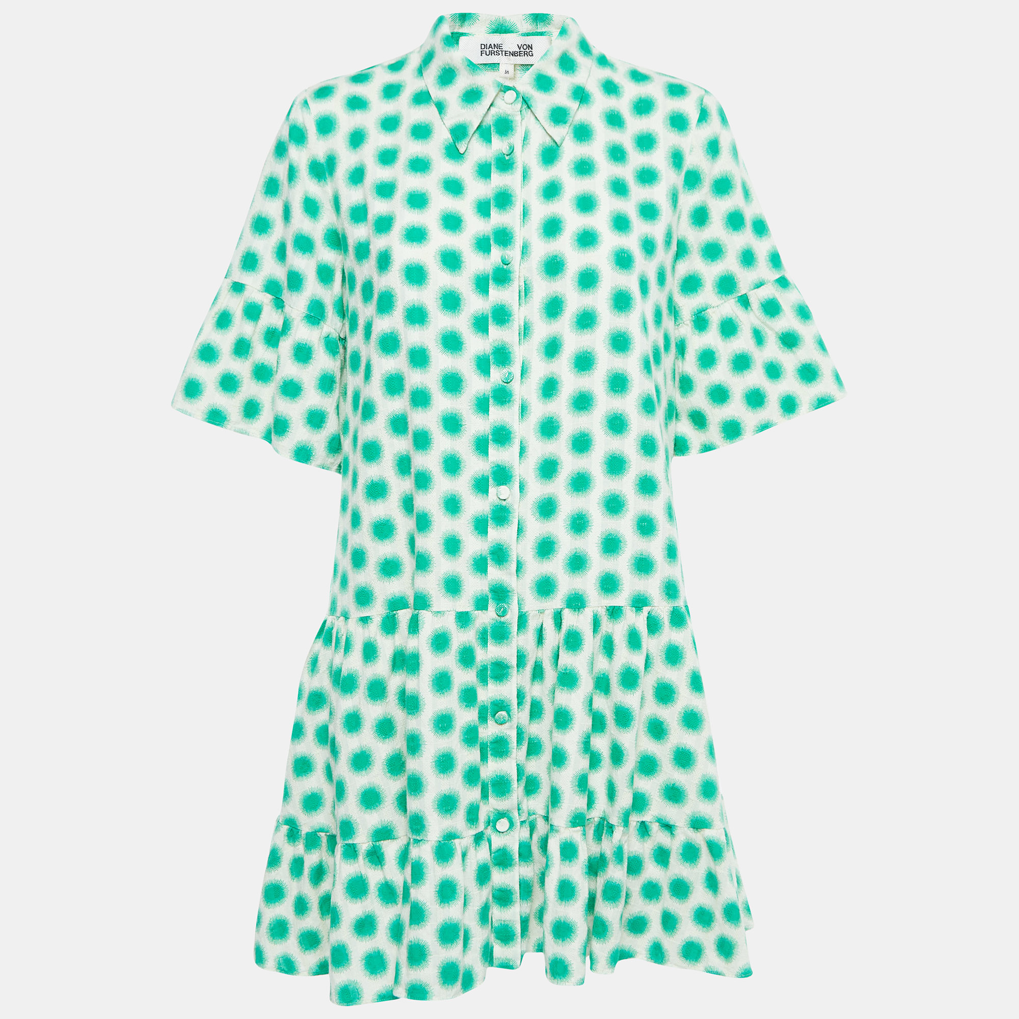 Diane Von Furstenberg CreamGreen Print Cotton Button Front Mini Dress