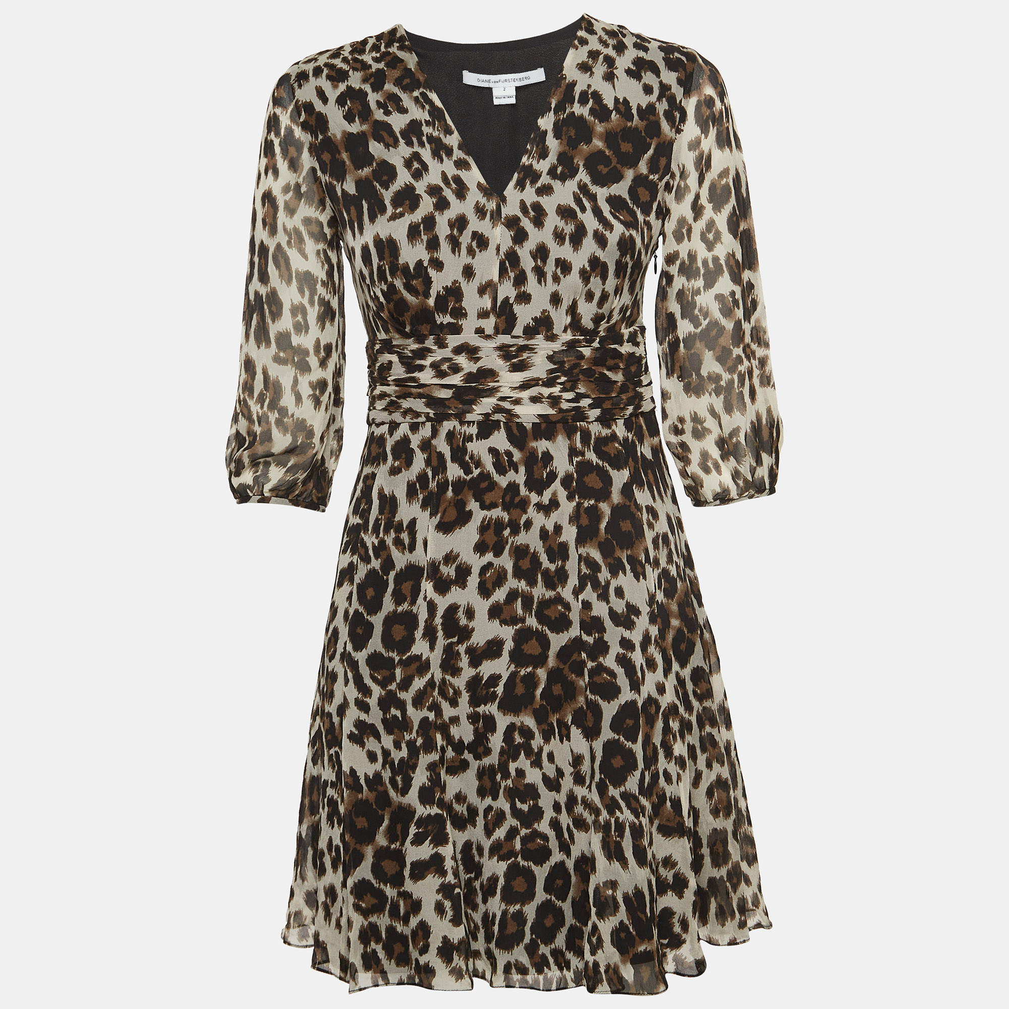 Diane Von Furstenberg Brown Leopard Print Silk Flared Mini Dress