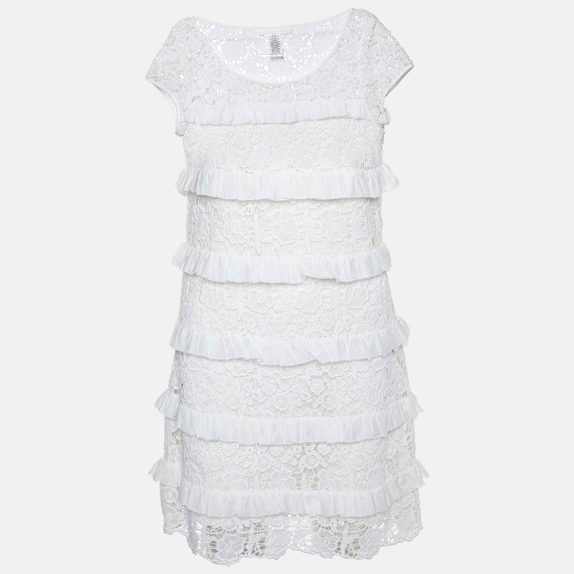 Diane Von Furstenberg White Lace Ruffle Detail Arcelia Dress