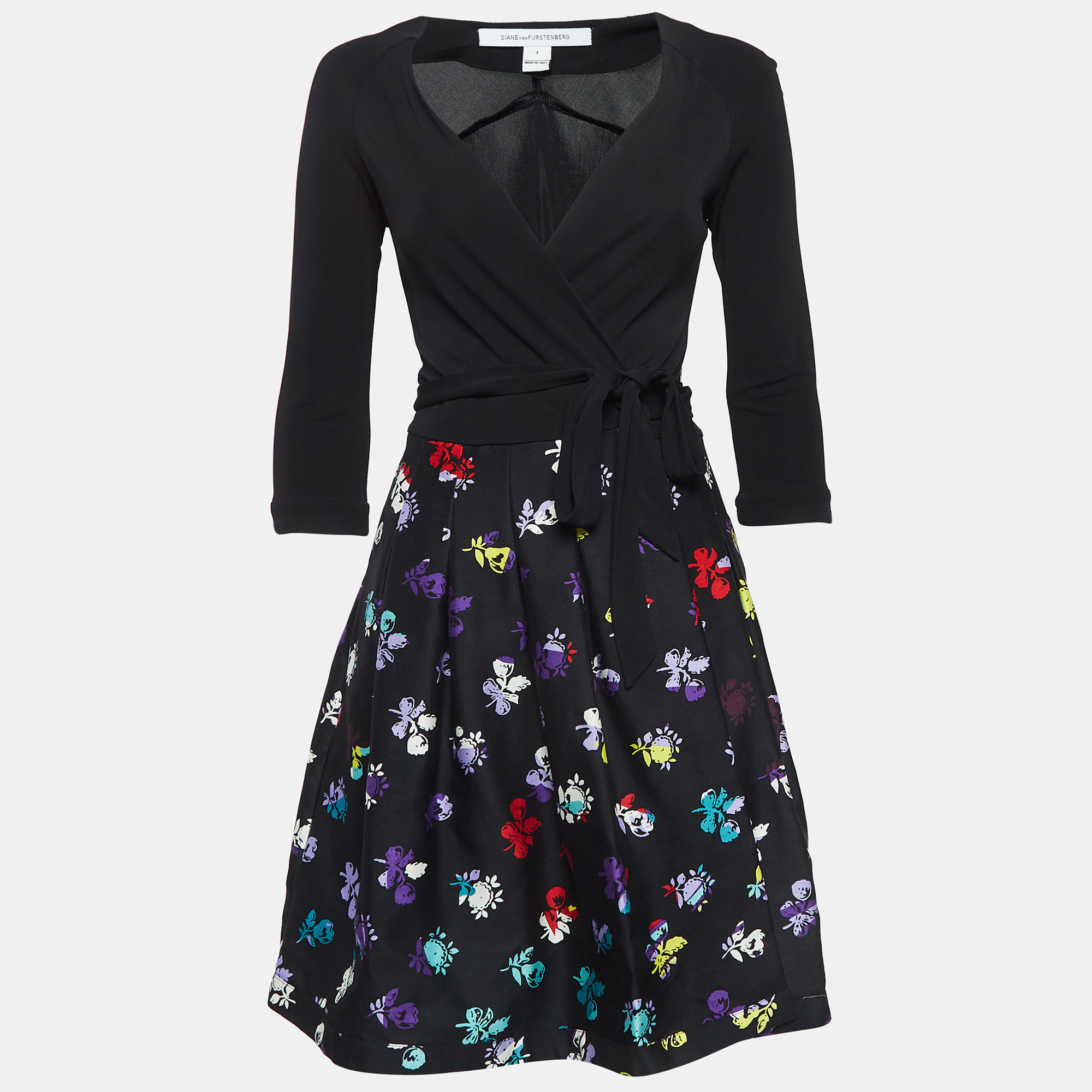 Diane Von Furstenberg Black Floral Printed Wool and Silk Wrap Dress
