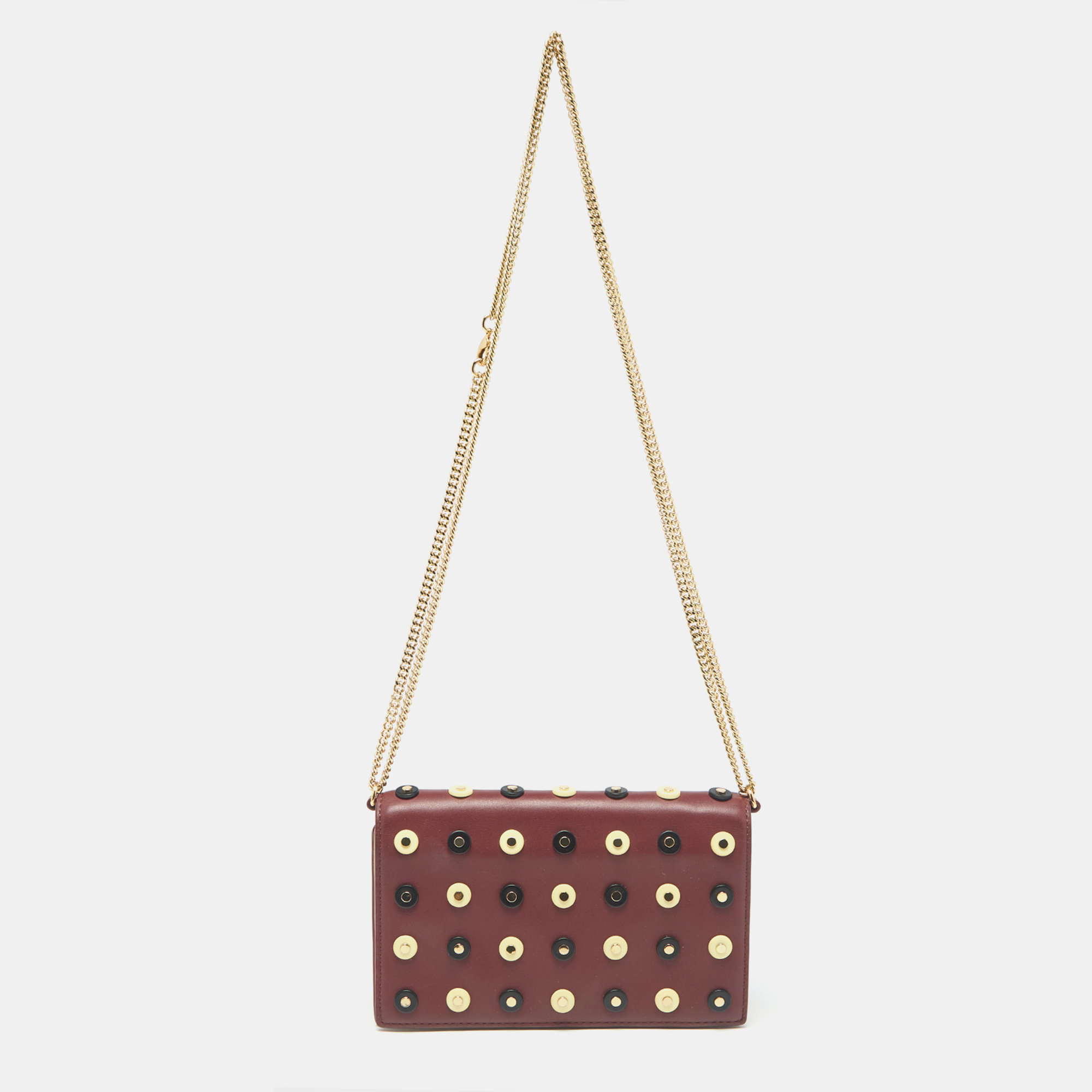 Diane Von Furstenberg BurgundyBeige Leather Studded Soiree Clutch Bag