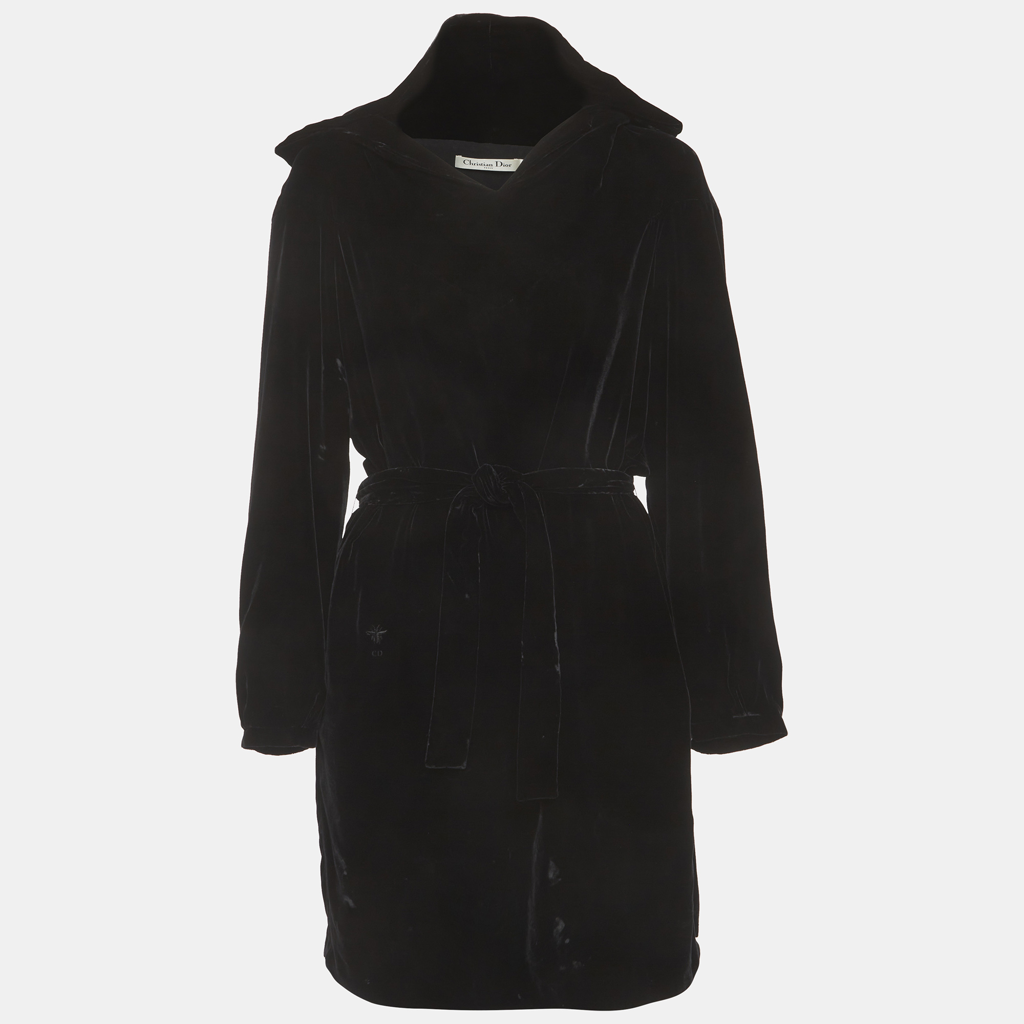 Christian Dior Black Velvet Belted Hoodie Mini Dress