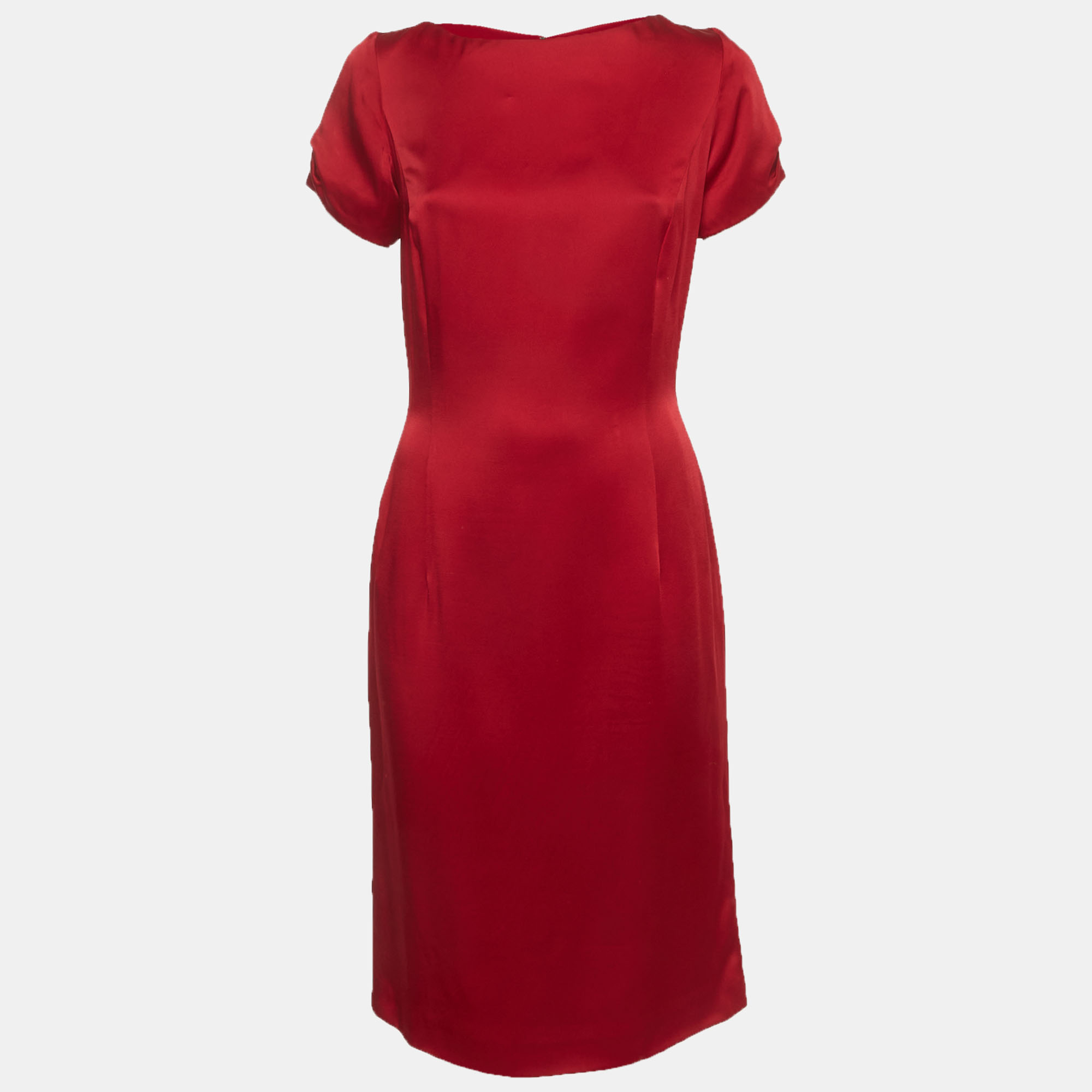 Christian Dior Red Synthetic Satin Short Sleeve Knee Length Dress