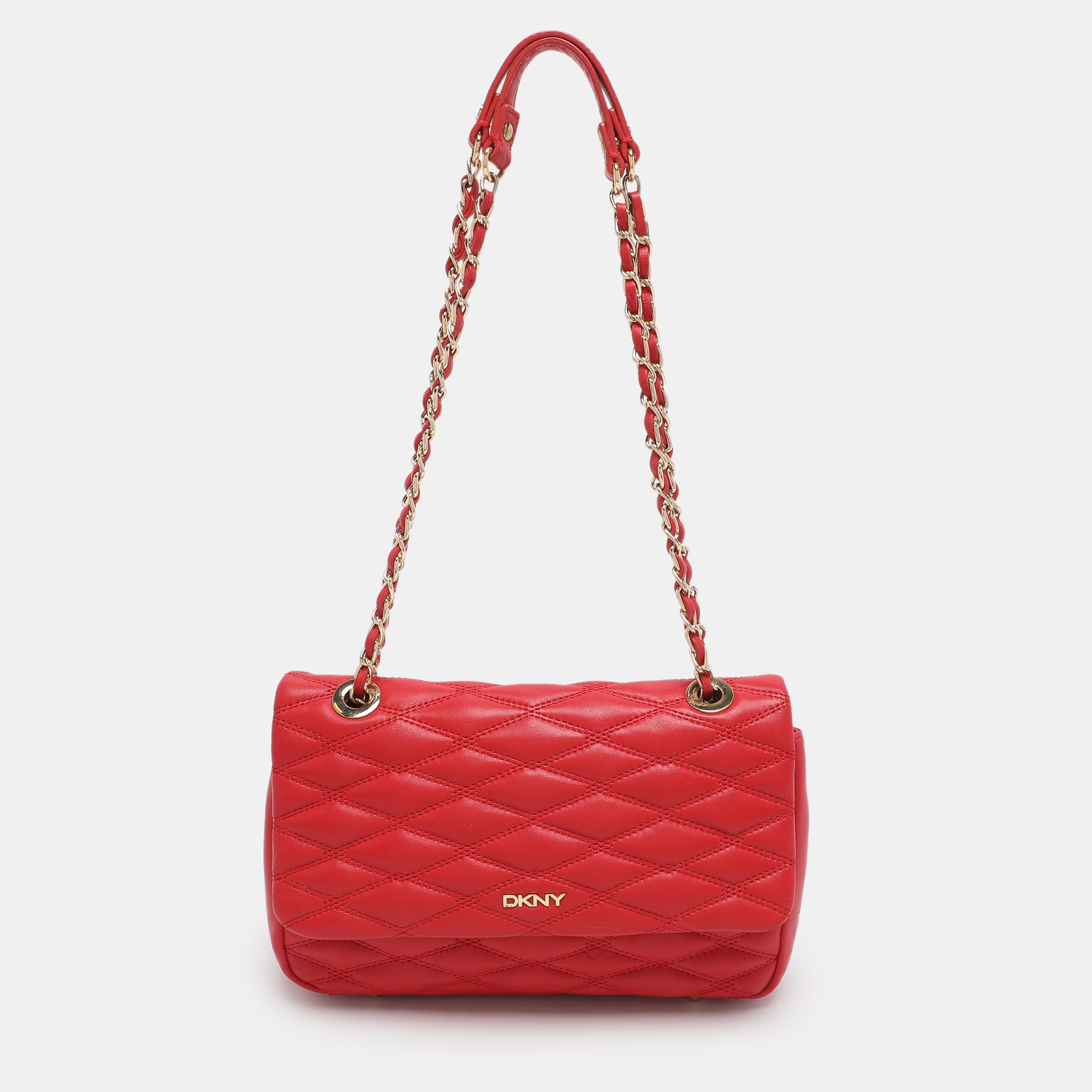 DKNY Red Quilted Leather Flap Chain Crossbody Bag