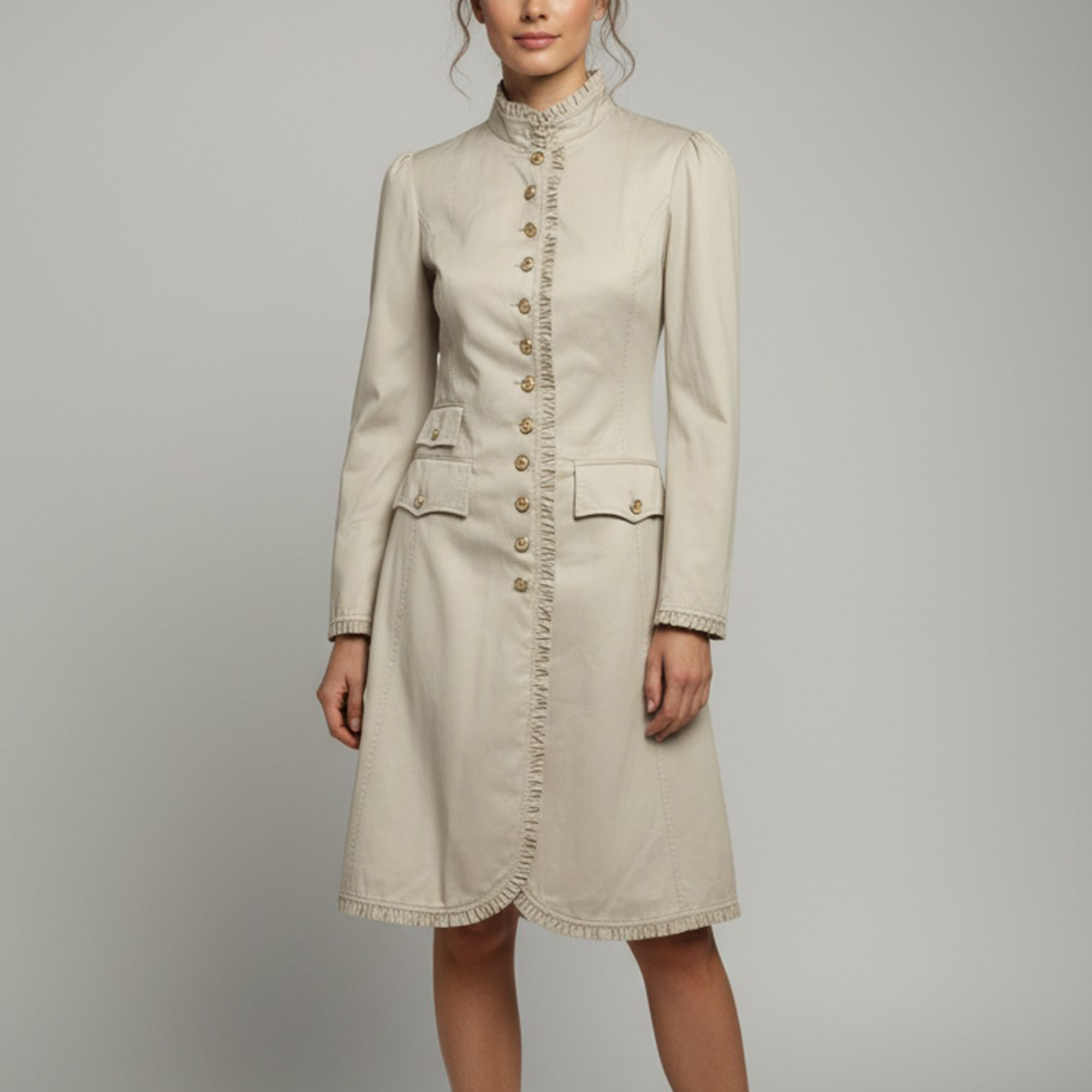 Dolce & Gabbana Beige Gabardine Ruffle Trim Trench Coat