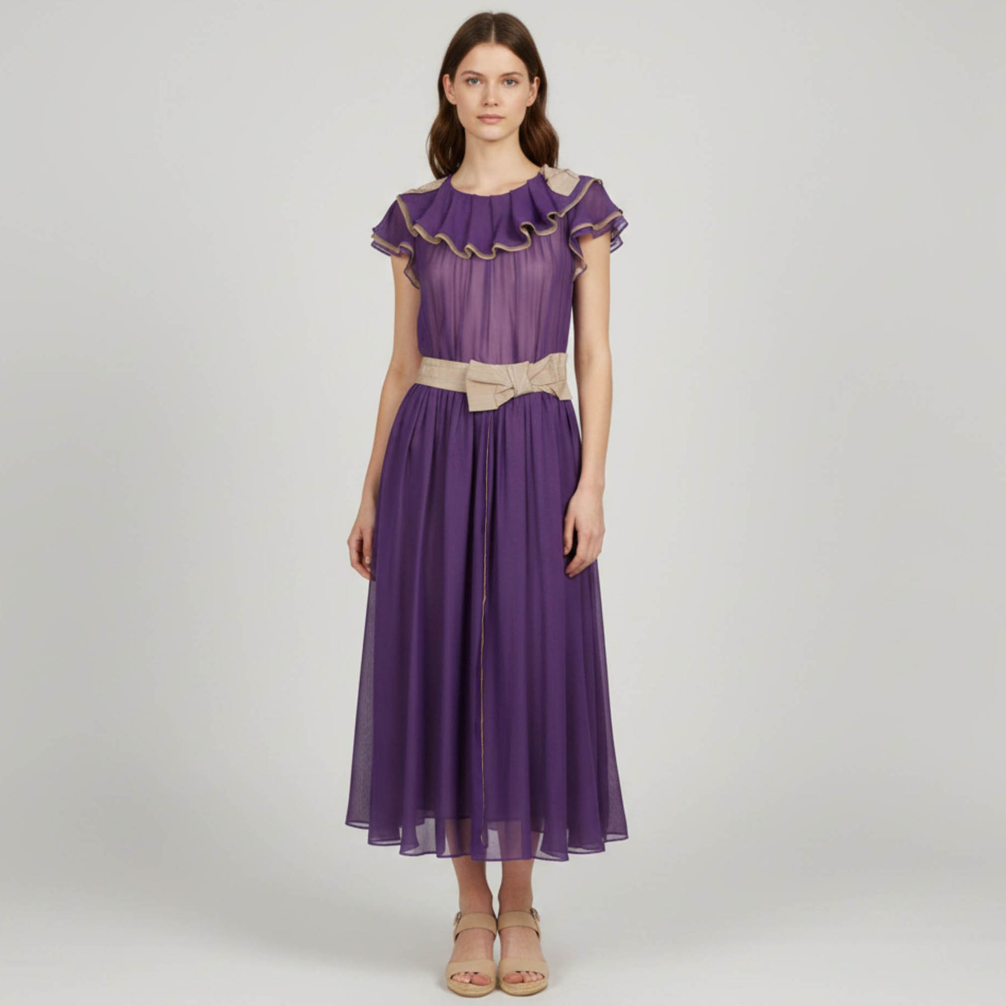 Dolce & Gabbana PurpleBeige Chiffon Flared Midi Dress