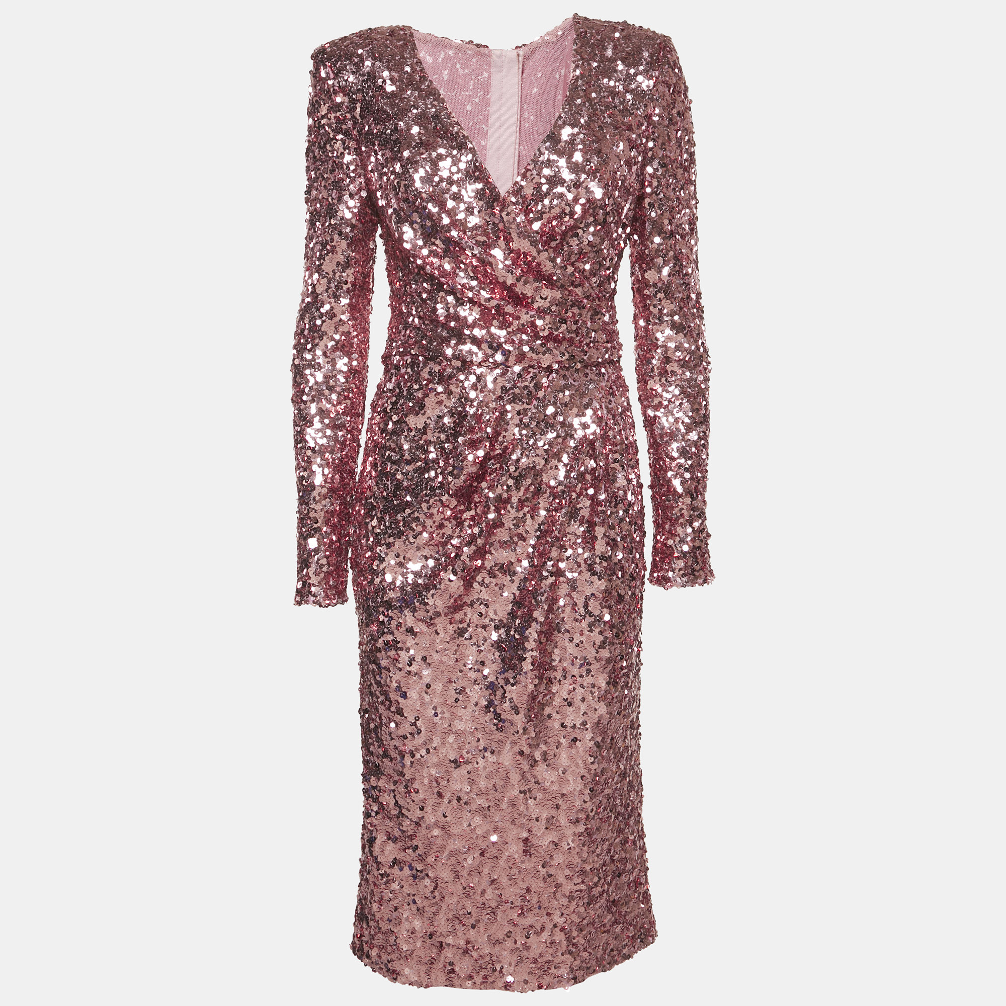 Dolce & Gabbana Pink Metallic Sequin Mesh Draped Midi Dress