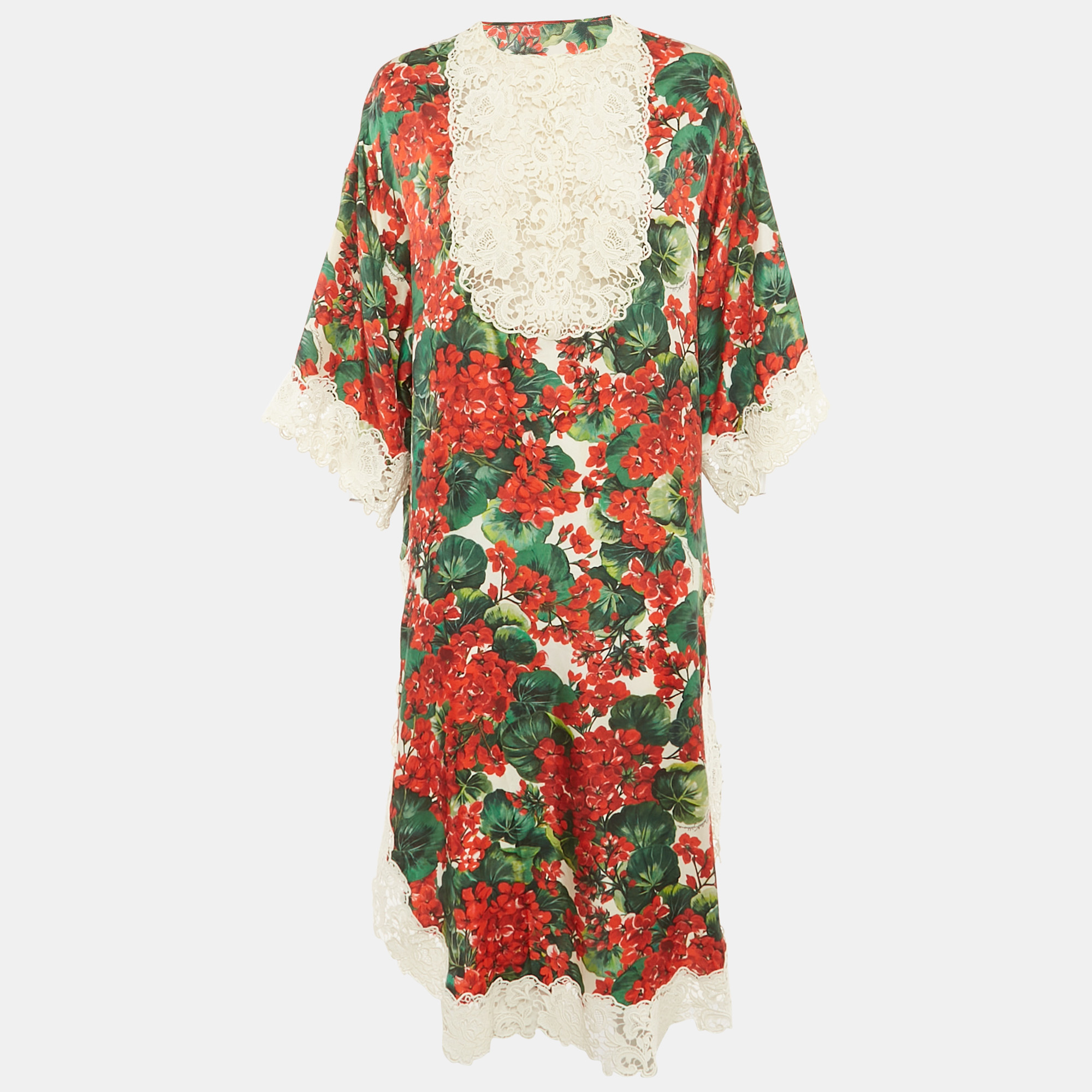 Dolce & Gabbana RedMulticolor Geranium Print Silk Blend Lace Trimmed Midi Dress