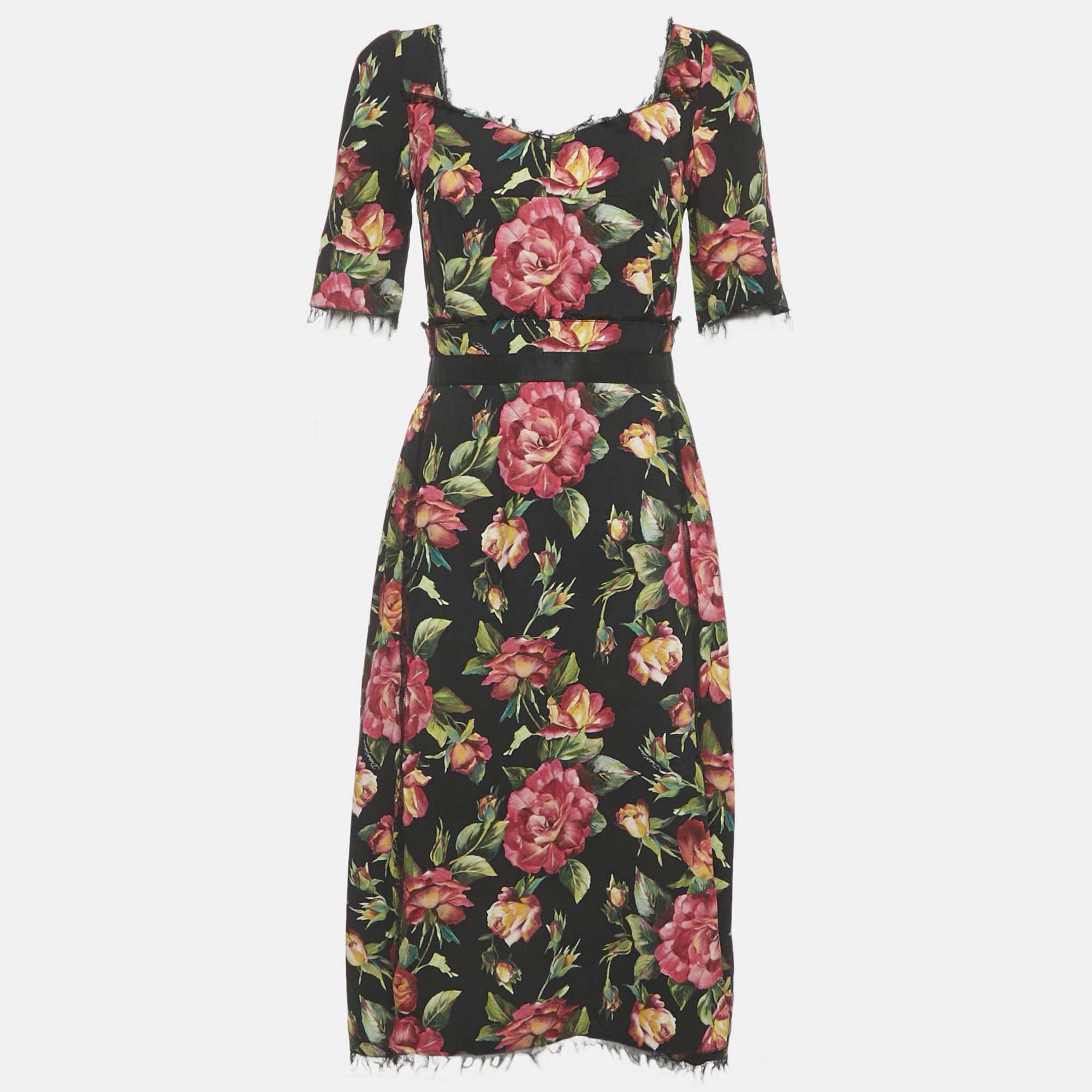 Dolce & Gabbana Black Floral Print Crepe Midi Dress