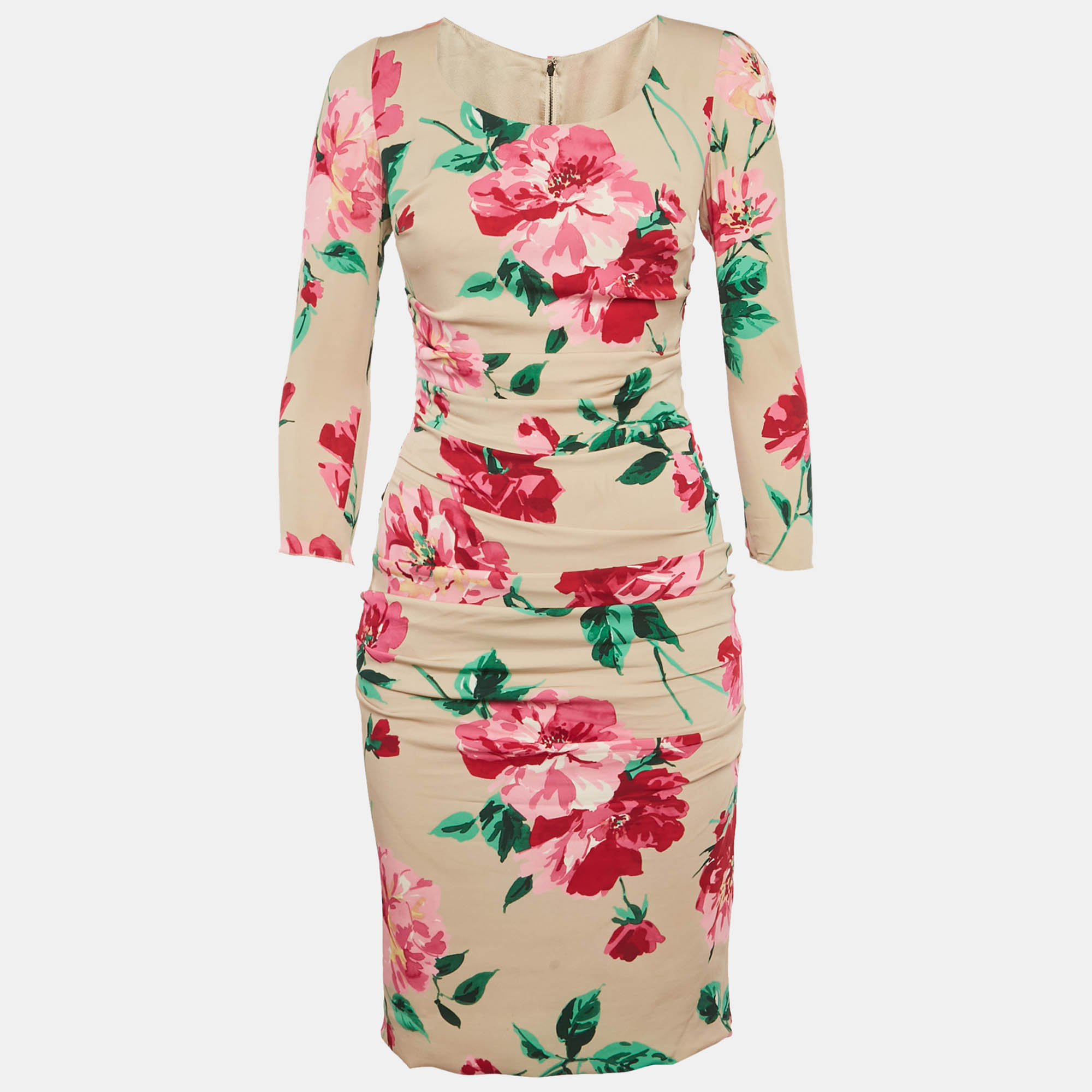 Dolce & Gabbana Beige Floral Printed Silk Ruched Midi Dress