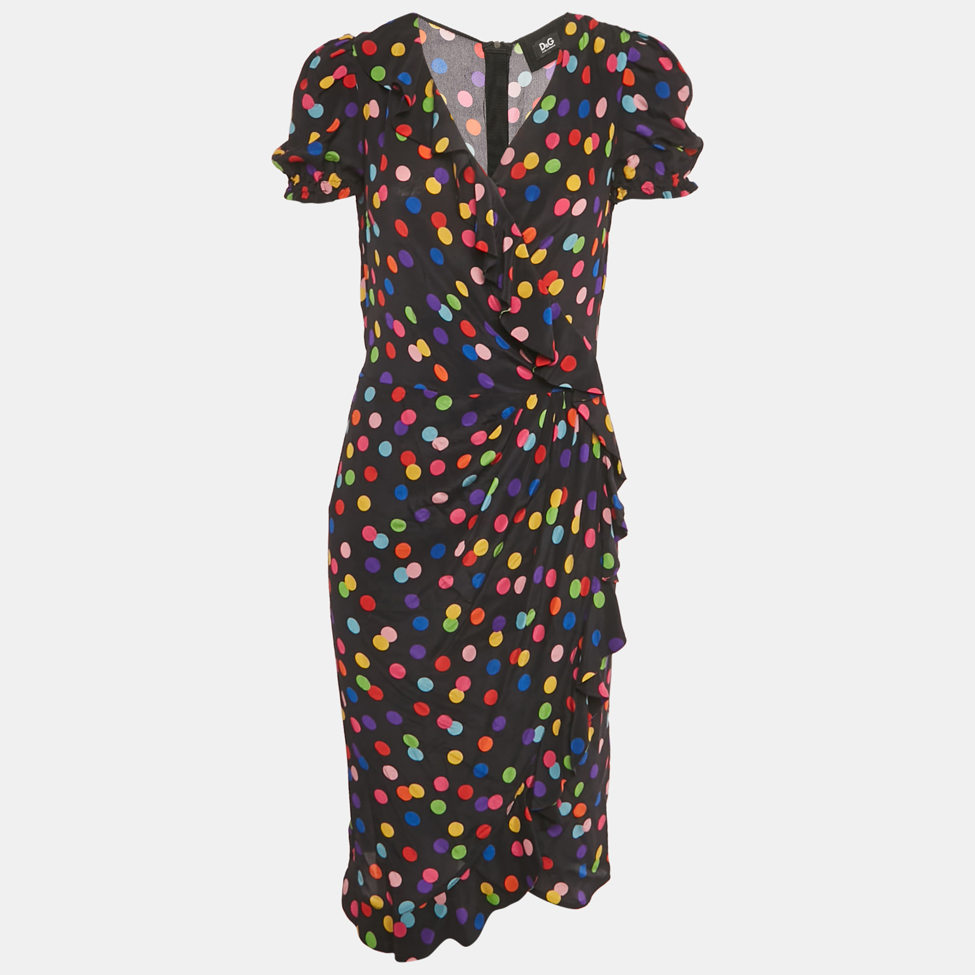 Dolce & Gabbana Black Polka Dot Printed Silk Ruffled Faux Wrap Dress