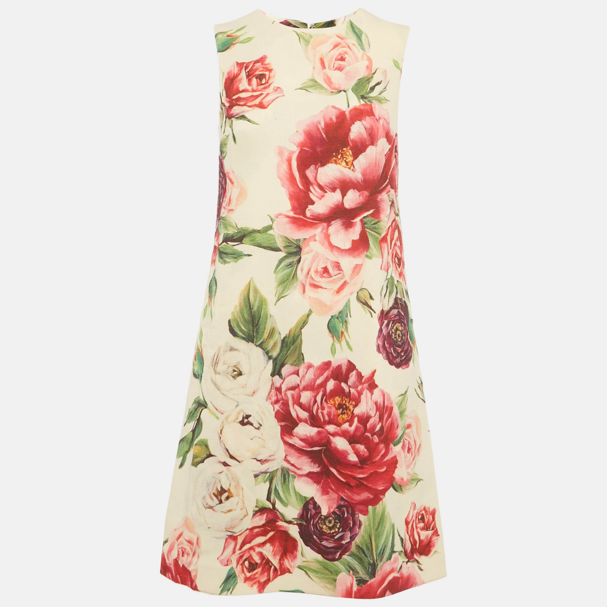 Dolce & Gabbana Cream Rose Print Wool Blend Shift Mini Dress