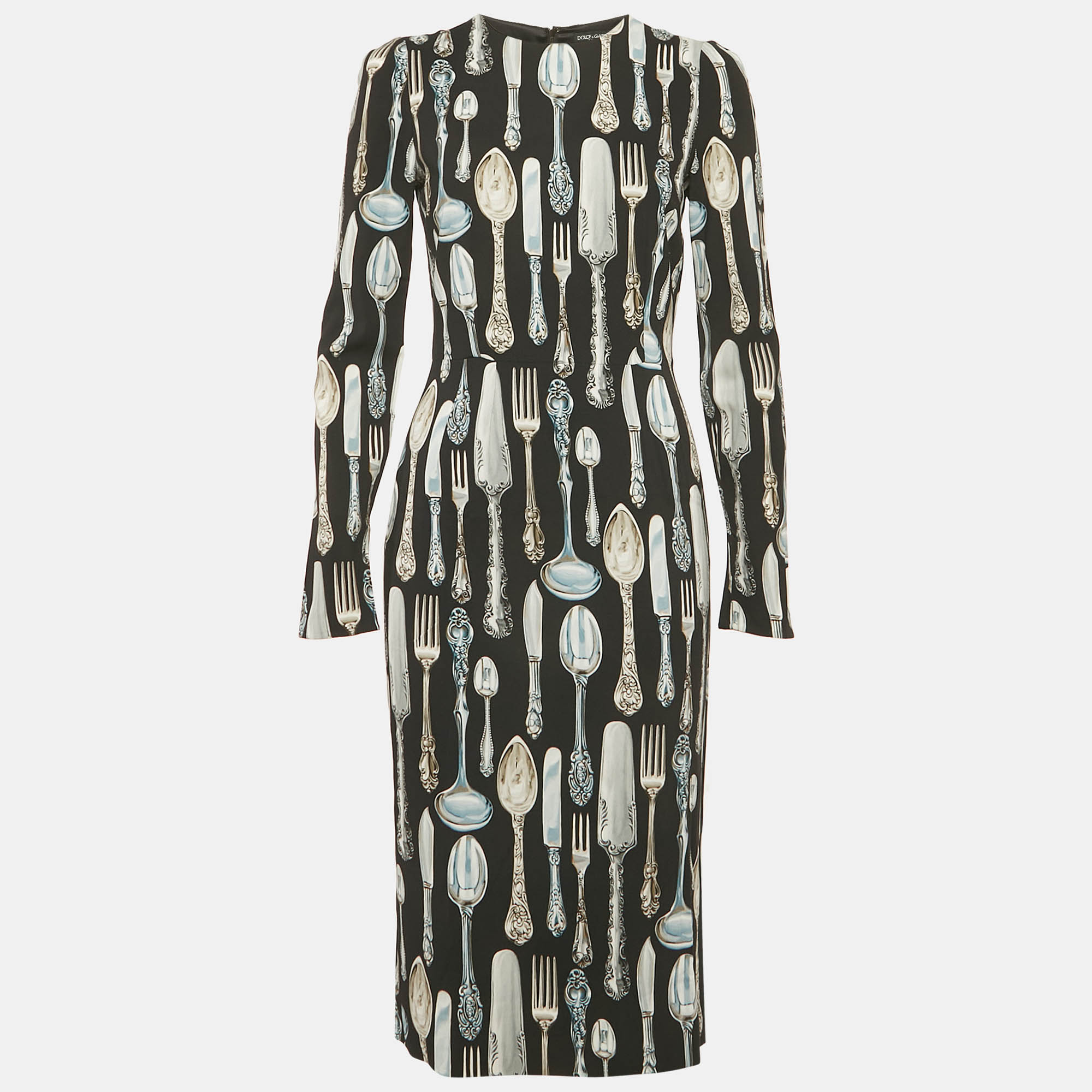 Dolce & Gabbana Black Cutlery Print Crepe Sheath Dress