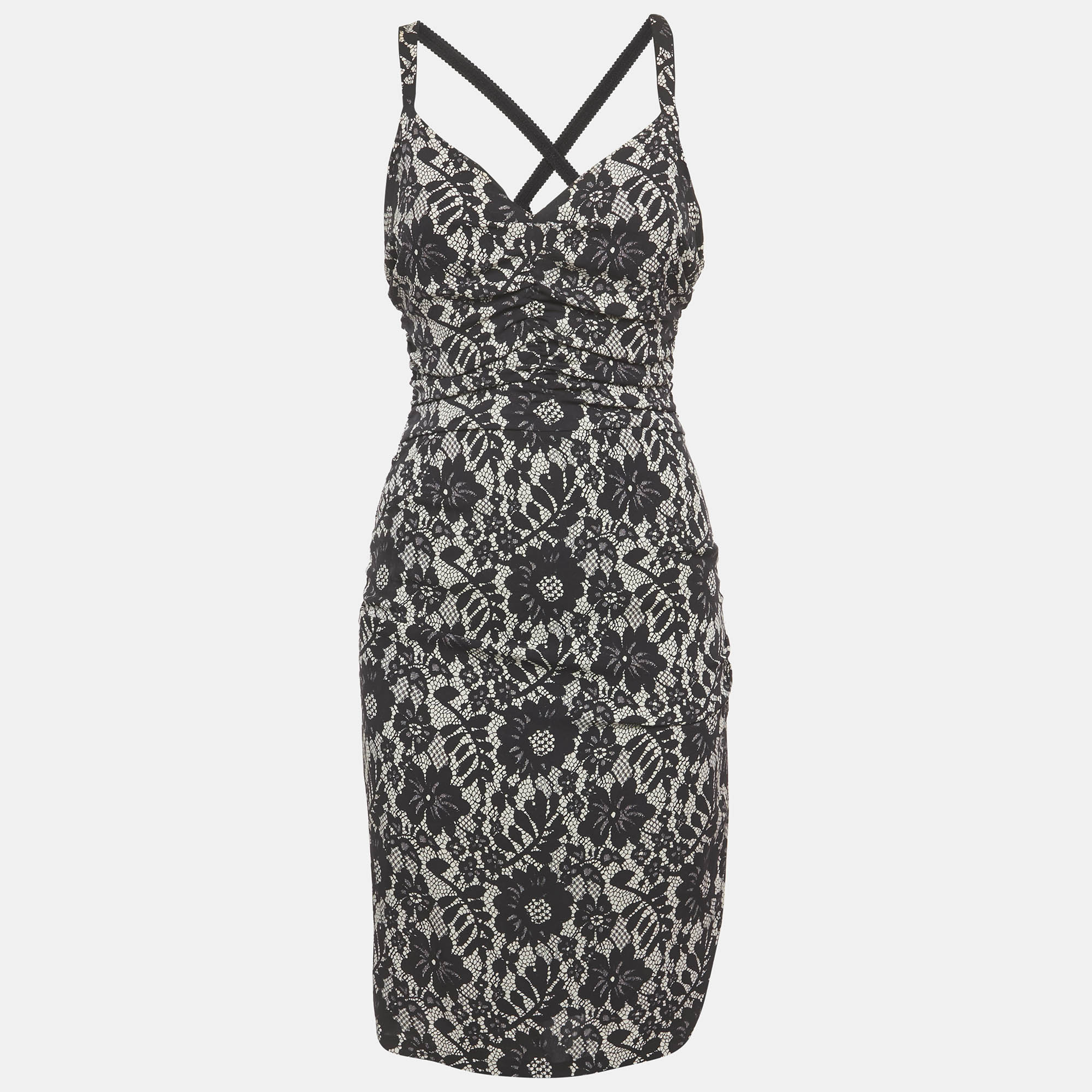 Dolce & Gabbana Black Lace Print Jersey Ruched Midi Dress