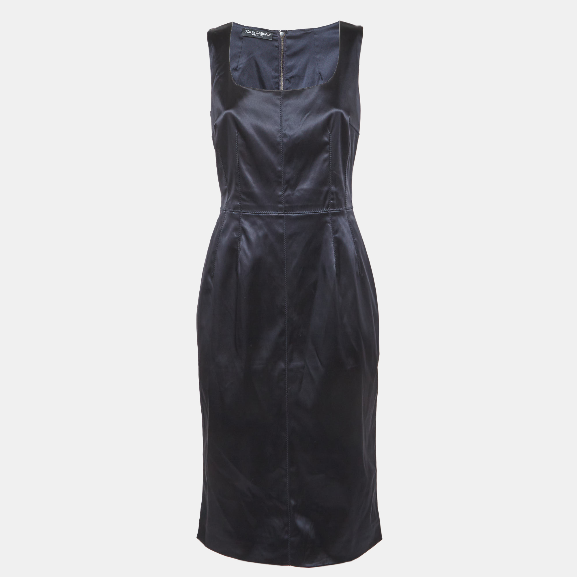 Dolce & Gabbana Navy Blue Satin Sheath Midi Dress