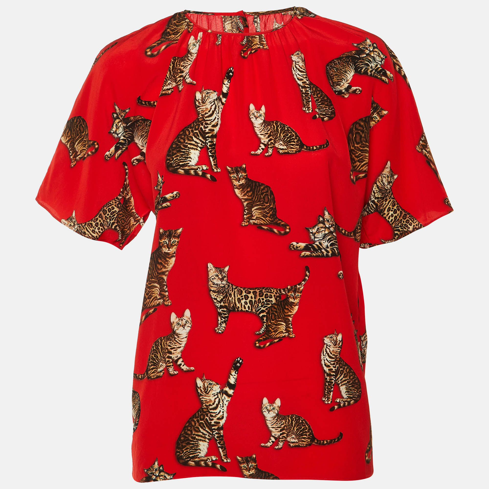Dolce & Gabbana Red Cat Printed Silk Short Sleeve Blouse