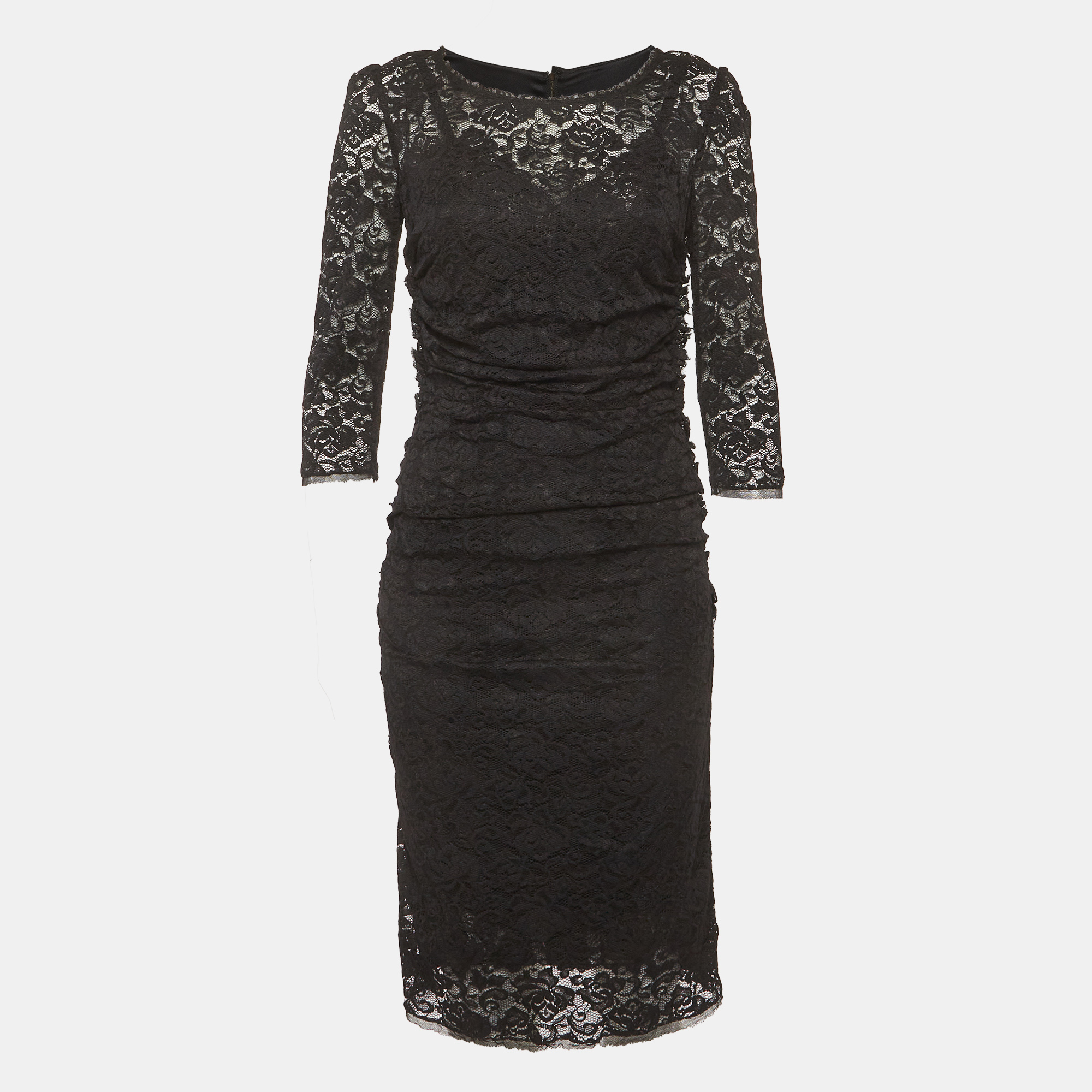 Dolce & Gabbana Black Lace and Satin Ruched Mini Dress