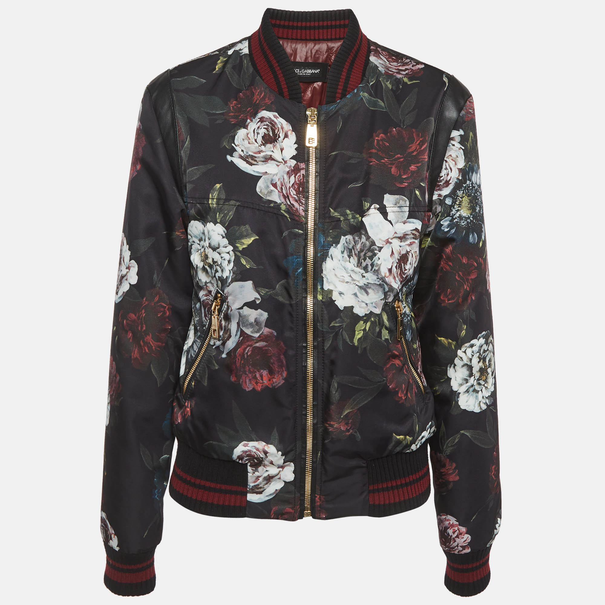 Dolce & Gabbana Black Floral Print Leather Trim Bomber Jacket
