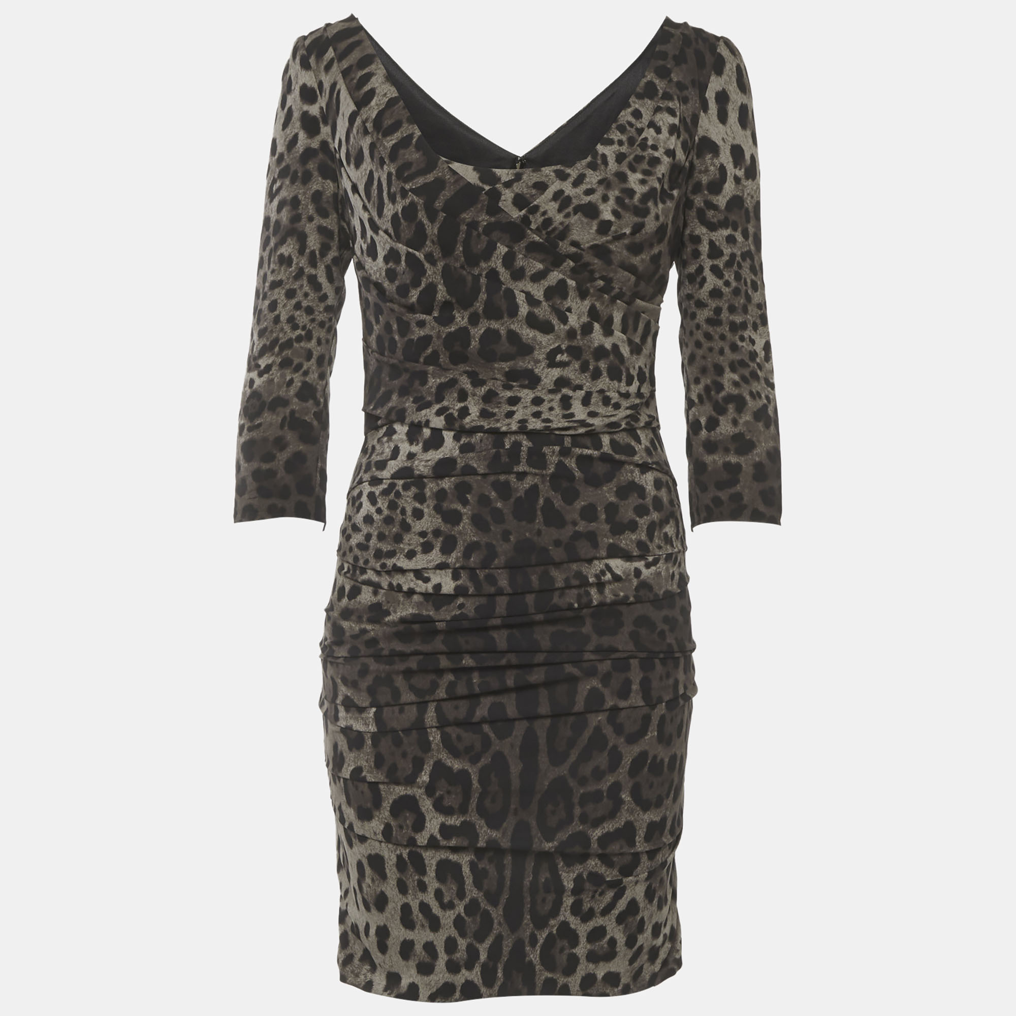 Dolce & Gabbana Grey Leopard Print Silk Ruche Mini Dress