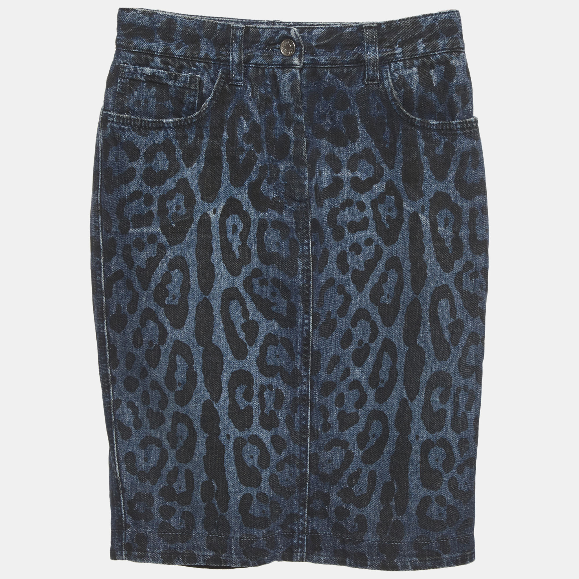 Dolce & Gabbana Blue Leopard Print Denim Pencil Skirt