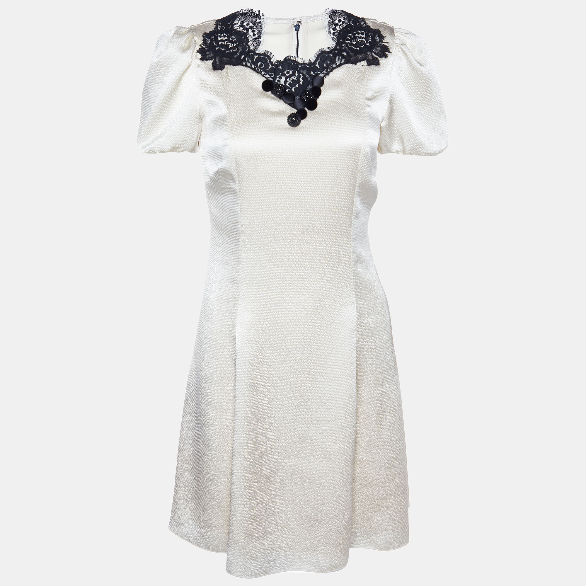 Dolce & Gabbana Cream Textured Satin Contrast Detail Min Dress