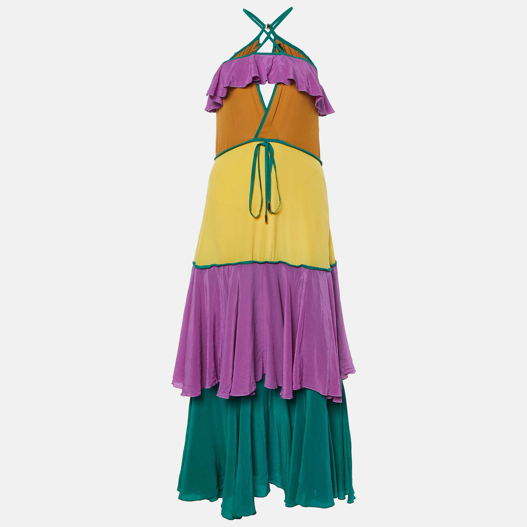 Dsquared Purple Colorblock Silk Ruffled Sleeveless Long Dress