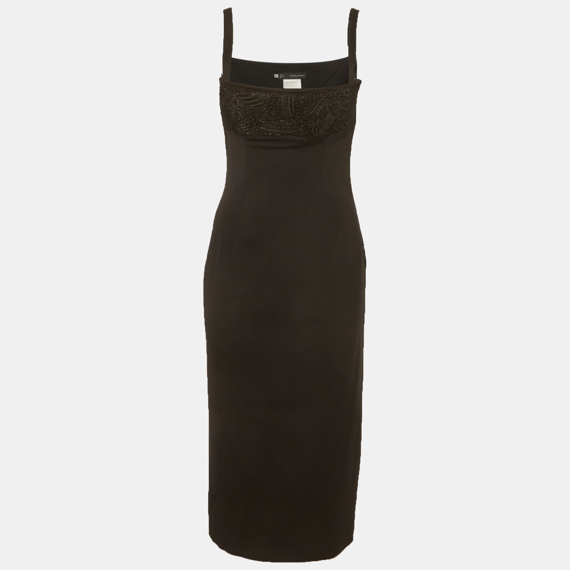Dsquared Black Embroidered Wool Midi Sheath Dress