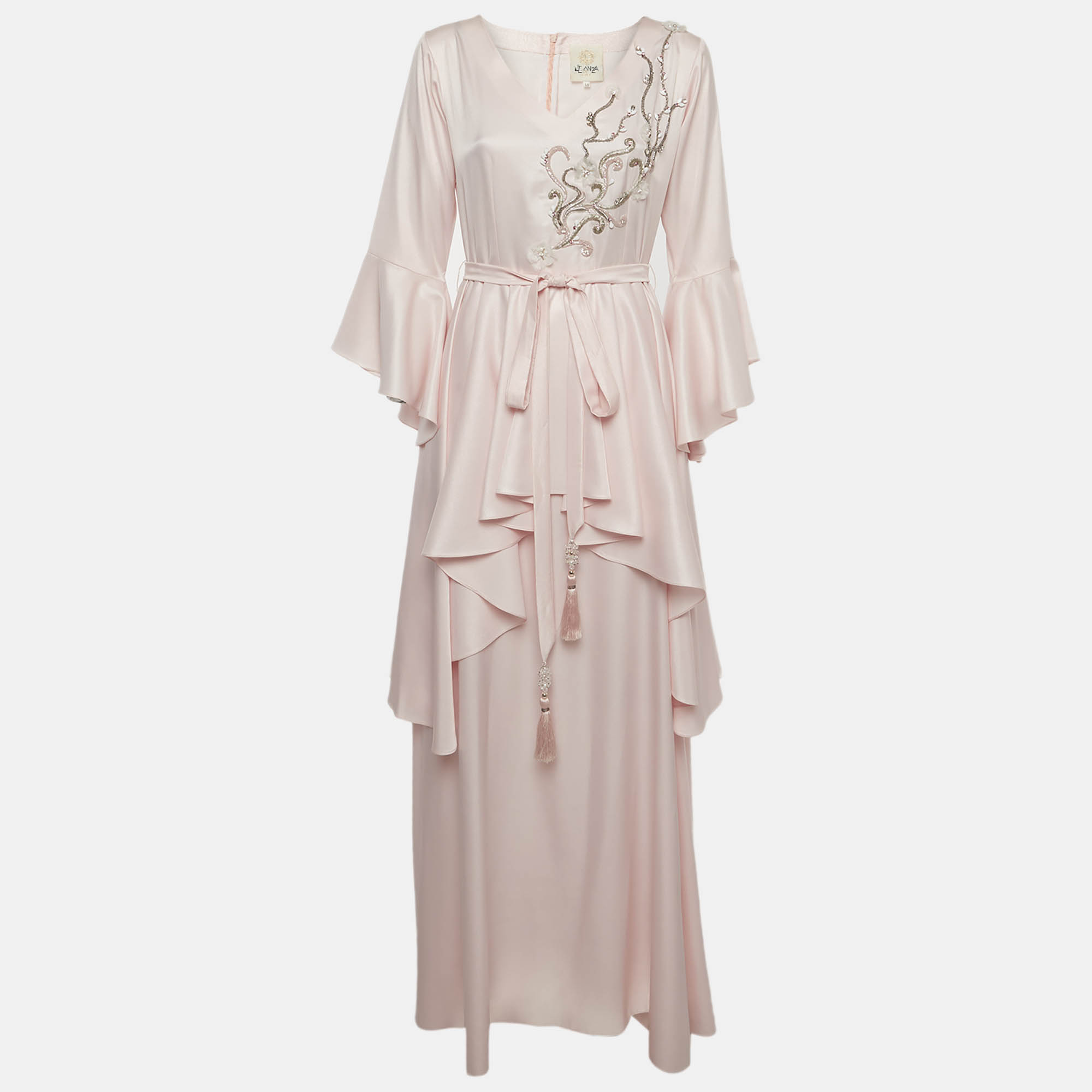 Eleganza La Mode Light Pink Satin Embellished Flared Maxi Dress