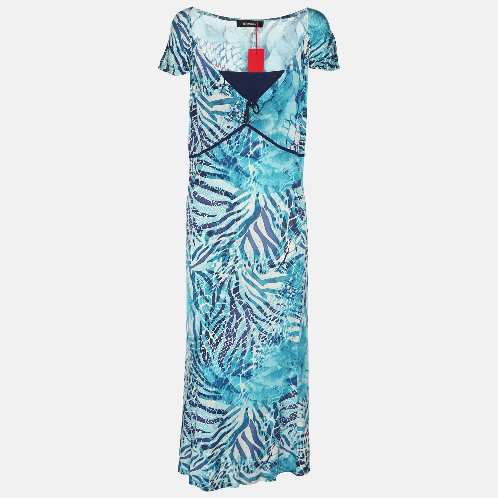 Elena Miro Blue Printed Jersey Sleeveless Midi Dress