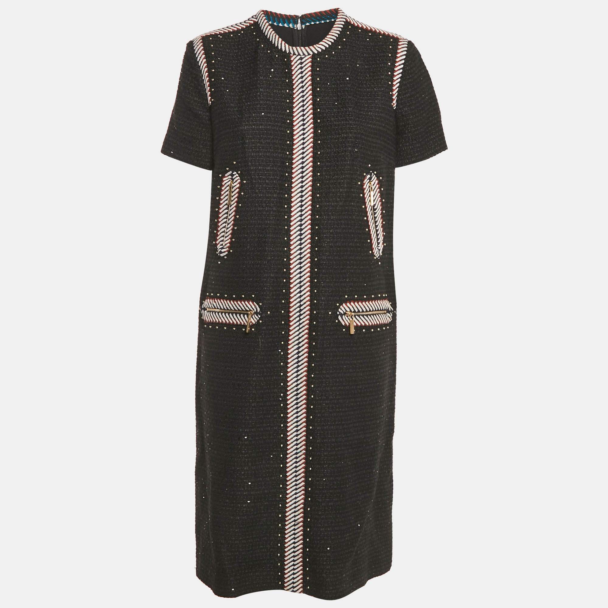 Elie Saab Black Sequin Tweed Embroidered Detail Midi Dress