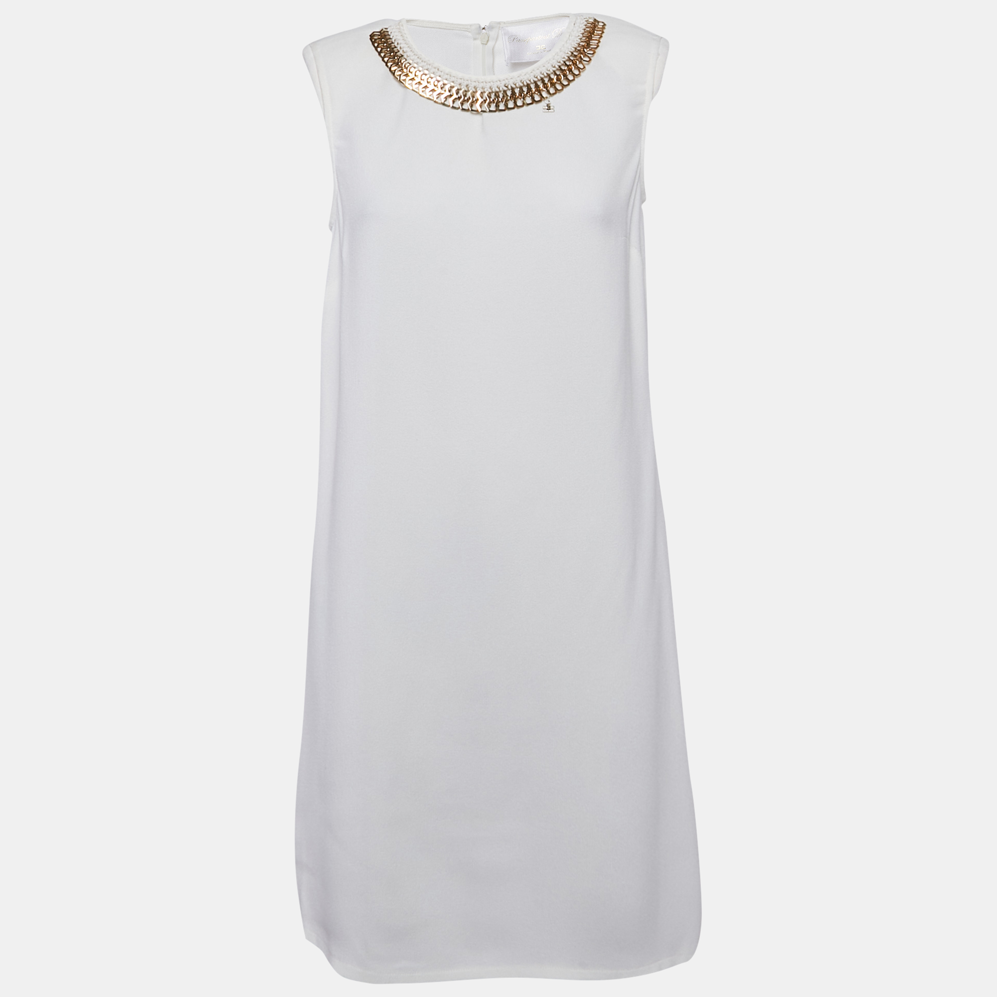 Elisabetta Franchi Off-White Crepe Neck Embellished Sleeveless Mini Dress