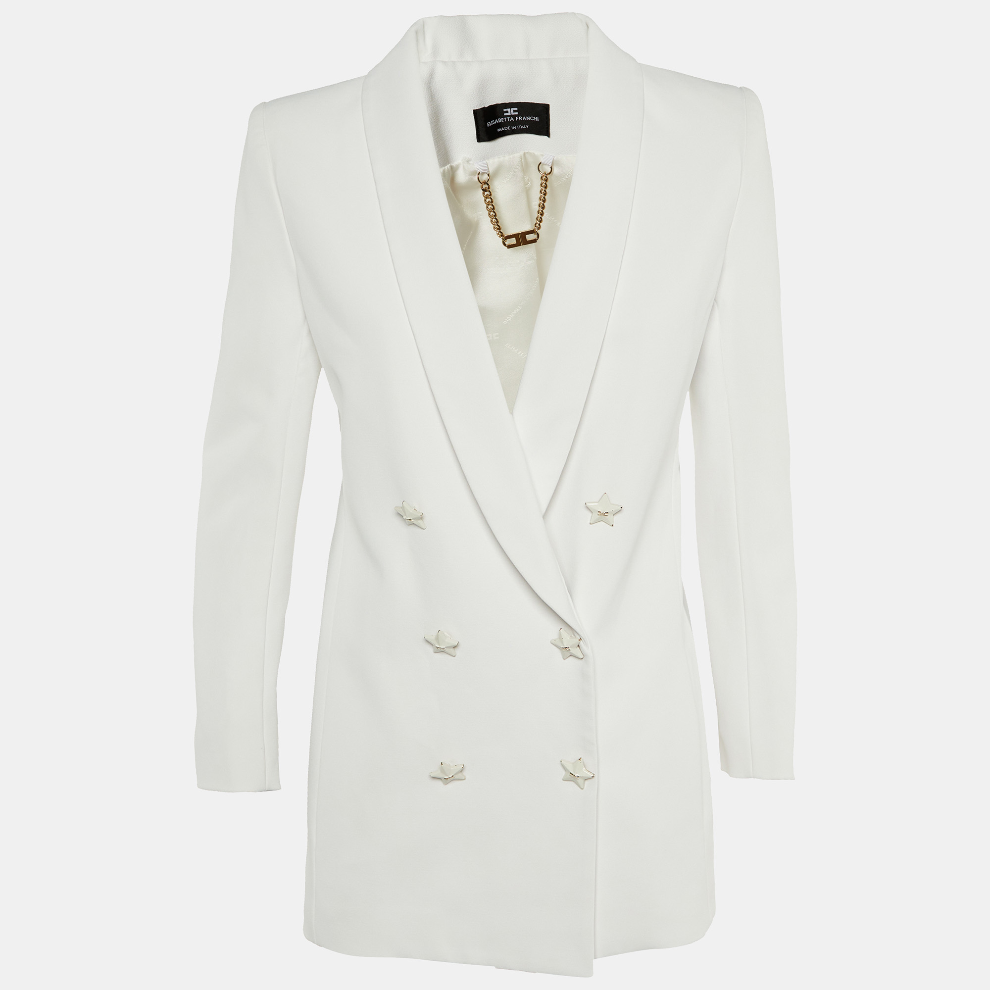 Elisabetta Franchi White Crepe Star Button Detail Double Breasted Blazer