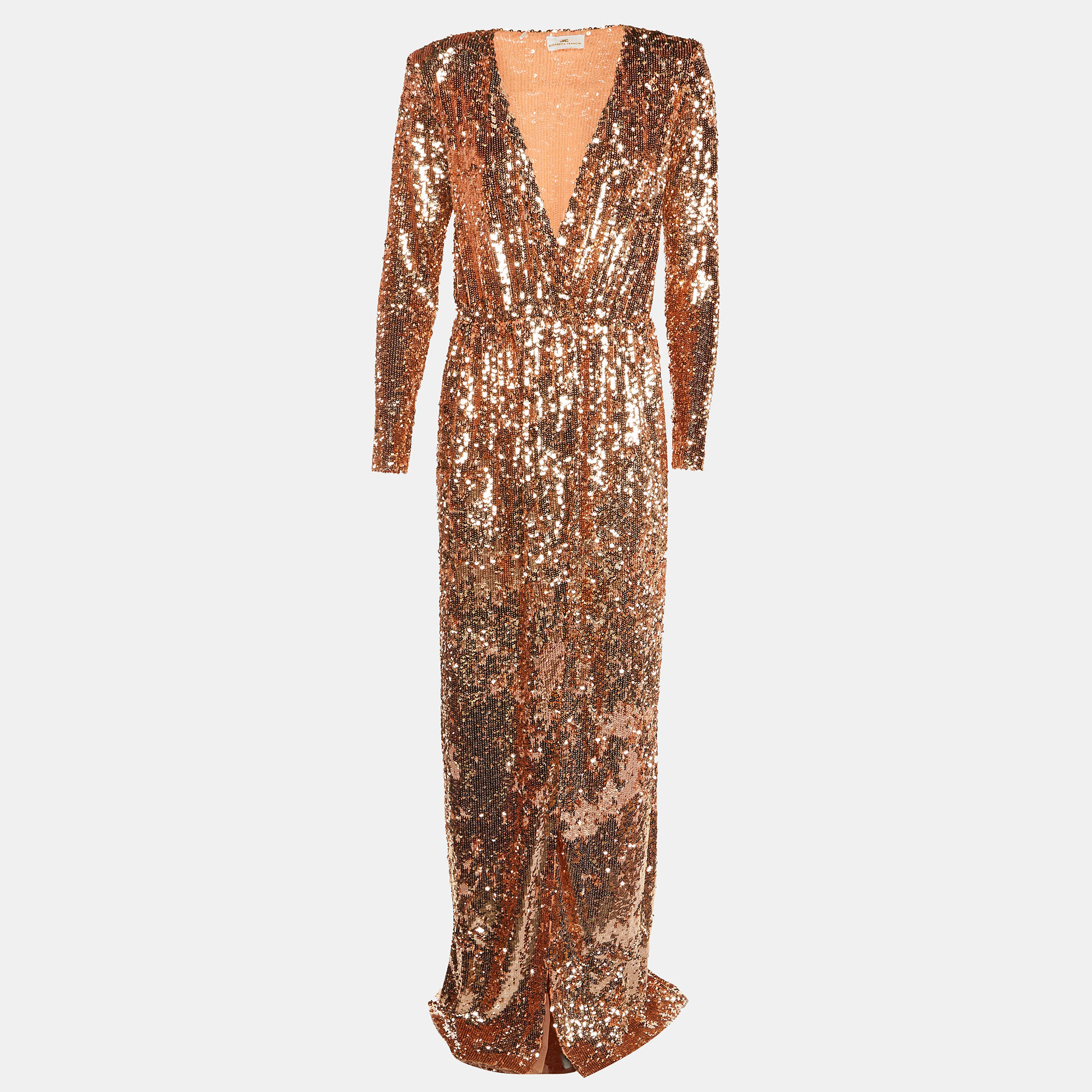 Elisabetta Franchi Rose Gold Sequin Embellished Wrap Maxi Dress