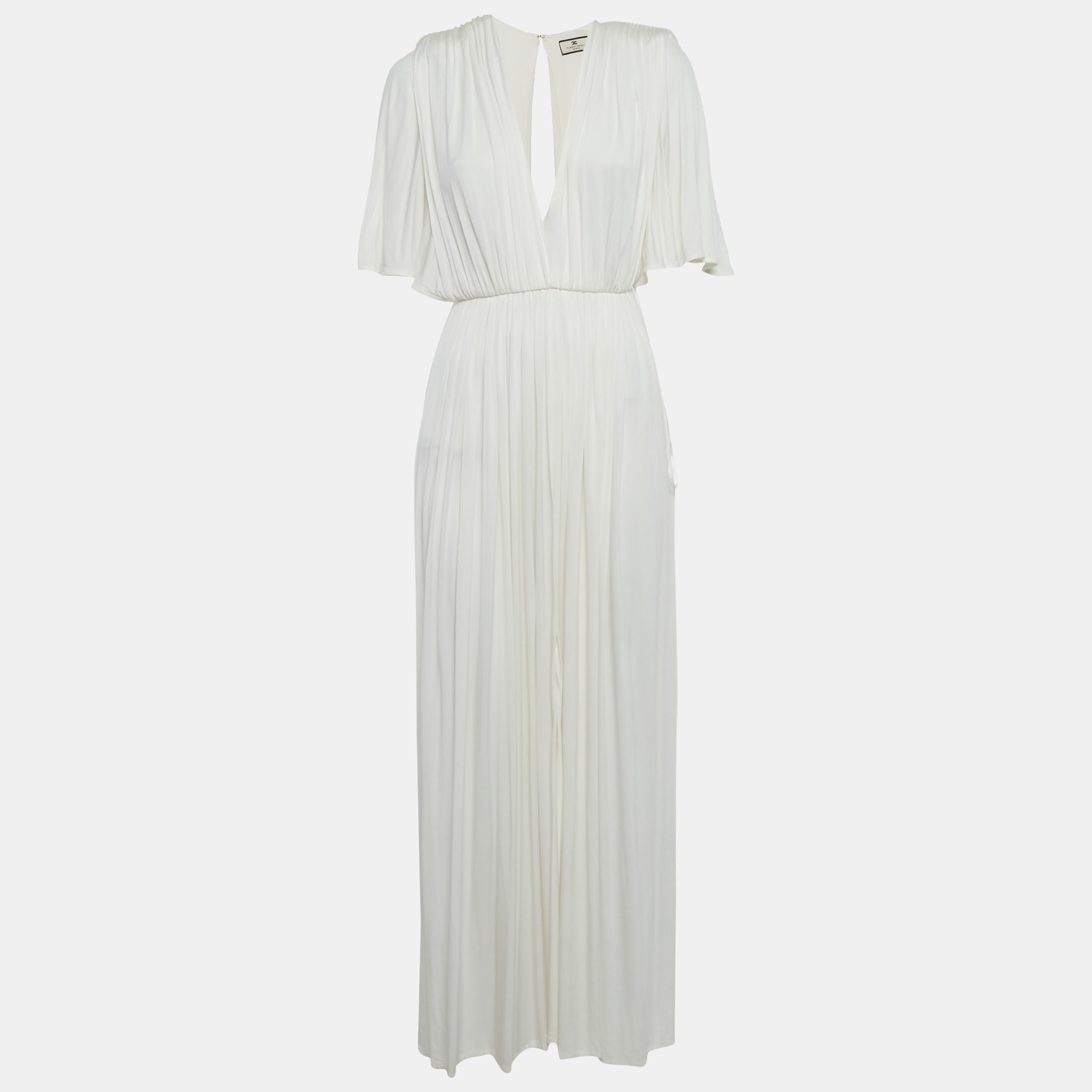 Elisabetta Franchi White Jersey Plunging Neck Gathered Maxi Dress